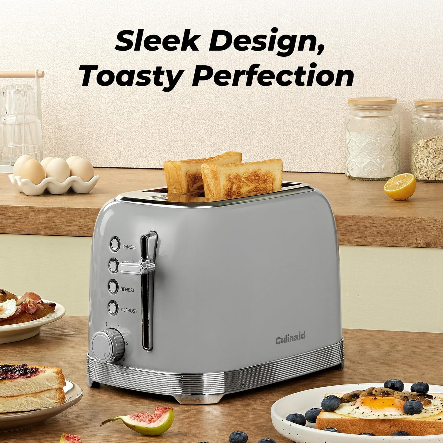 Culinaid Toaster 2 Slice Retro Stainless Steel with 1.5” Extra Wide Slots Bagel, Defrost, Reheat, Cancel Functions, 6 Bread Shade Settings, Removable Crumb Tray, Gray