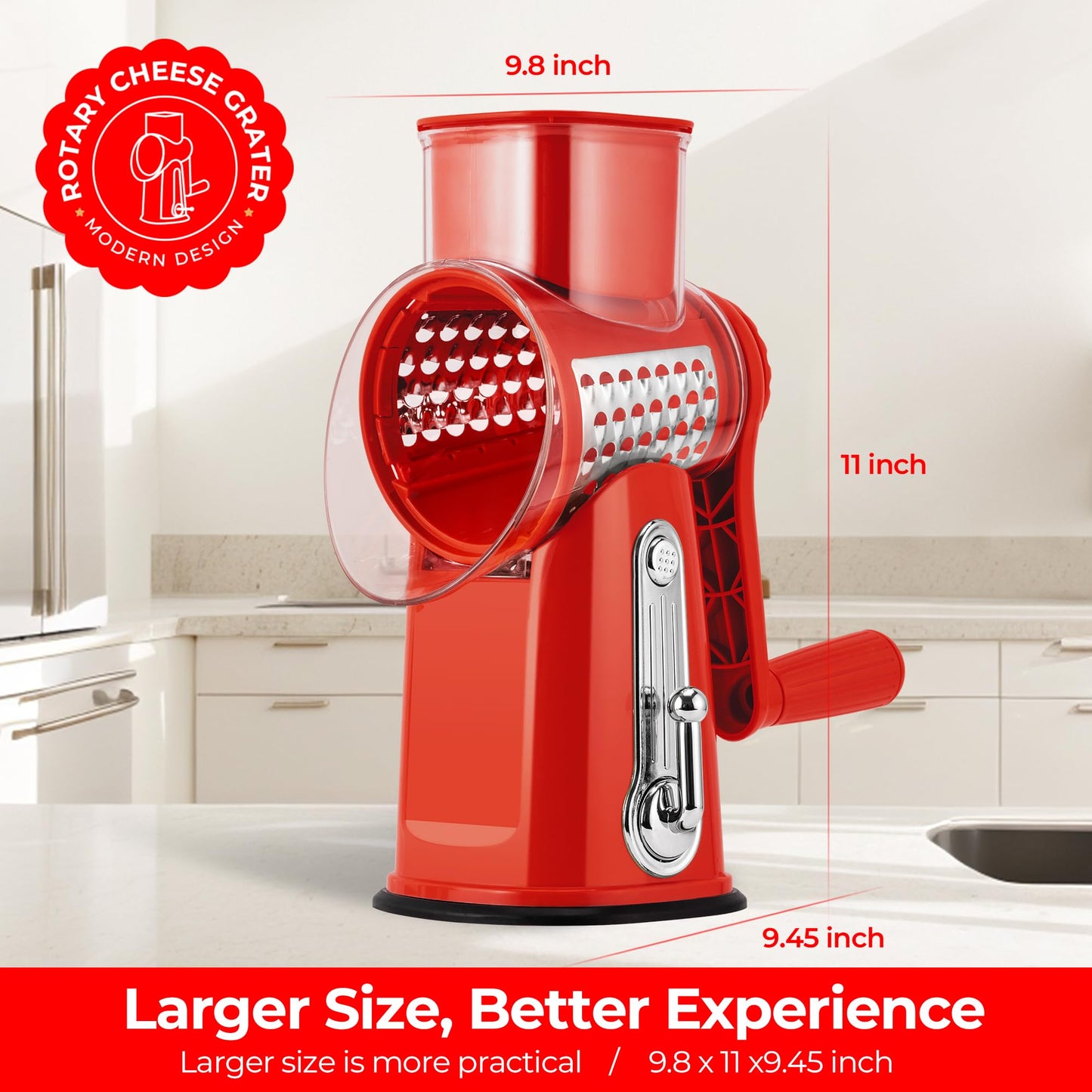 SUSTEAS Rotary Cheese Grater with Handle - Vegetable Shredder with 5 Well-designed Blades & Strong Suction Base,Round Mandoline Slicer & Food Chopper for Kitchen,with Blade Storage Box(Red)