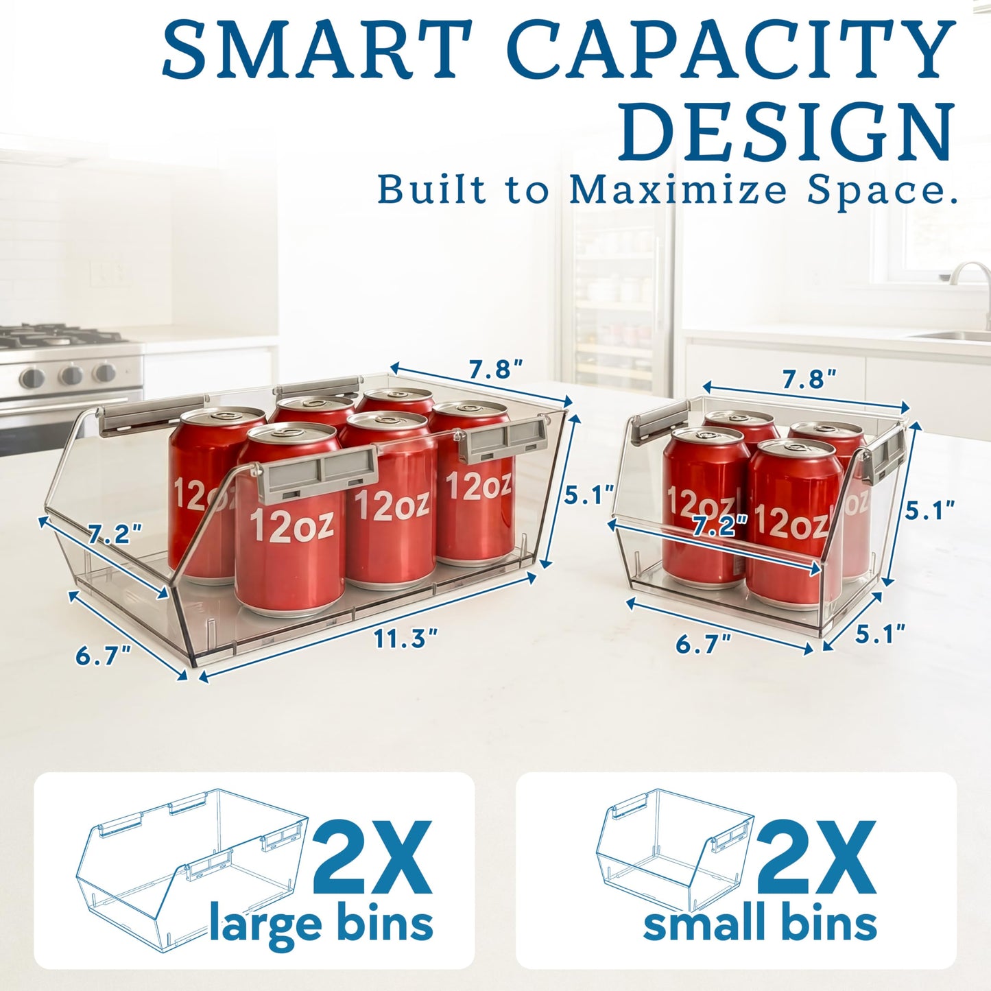 HOMESTEAD Set of 4 Stackable Storage Bins, 2 Large + 2 Small Clear Plastic Organizer Bins, Open Front Design for Kitchen Pantry, Fridge, Cabinet, Bathroom Organization and Snack Storage
