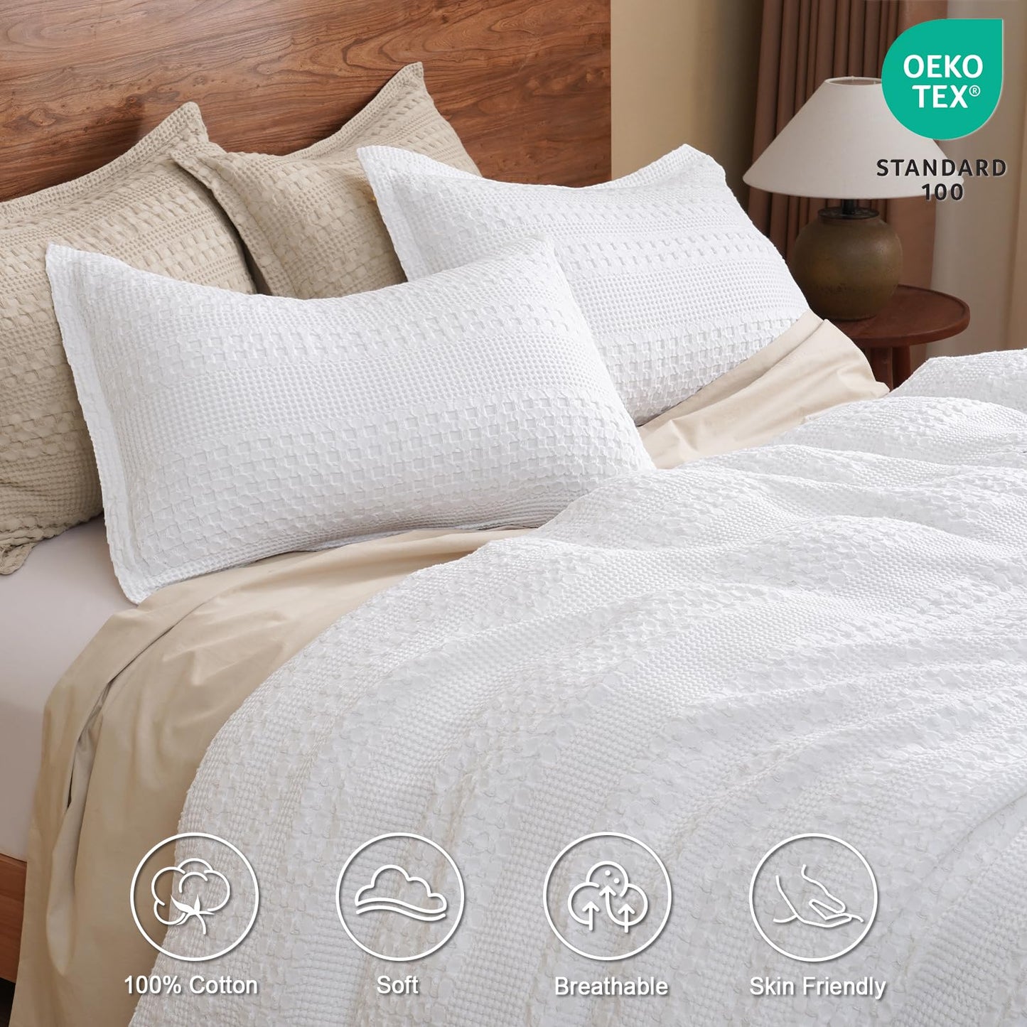 PHF 100% Cotton Waffle Duvet Cover King Size, Soft Breathable Cotton Bedding Duvet Cover Set for All Season, Weave Luxury Textured Design for All Home Decor, 3 Pieces, 104"x90", White