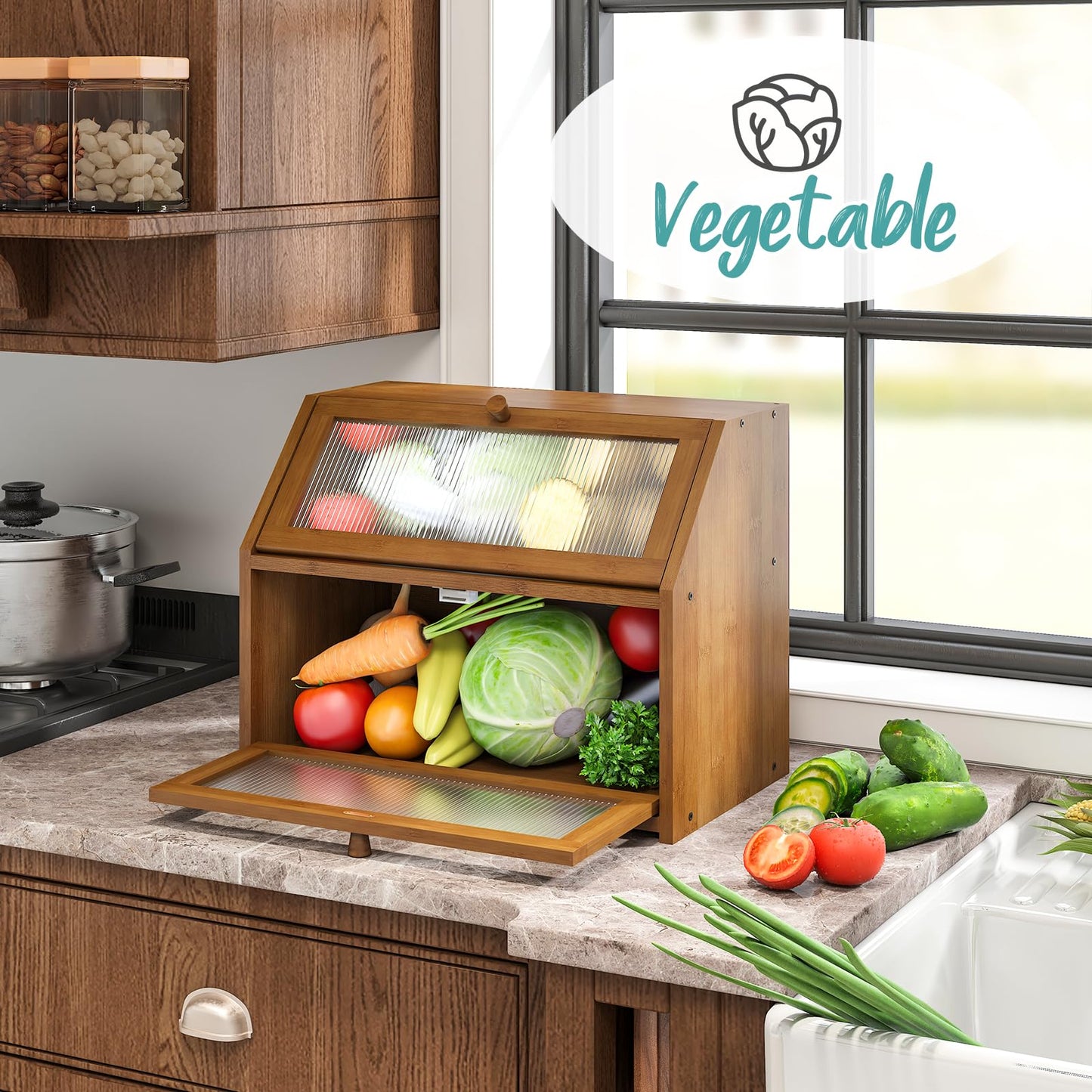 Vriccc Bread Box for Kitchen Counter, Large Bamboo Wood Double Layer Bread Box, Wooden Bread Storage Capacity