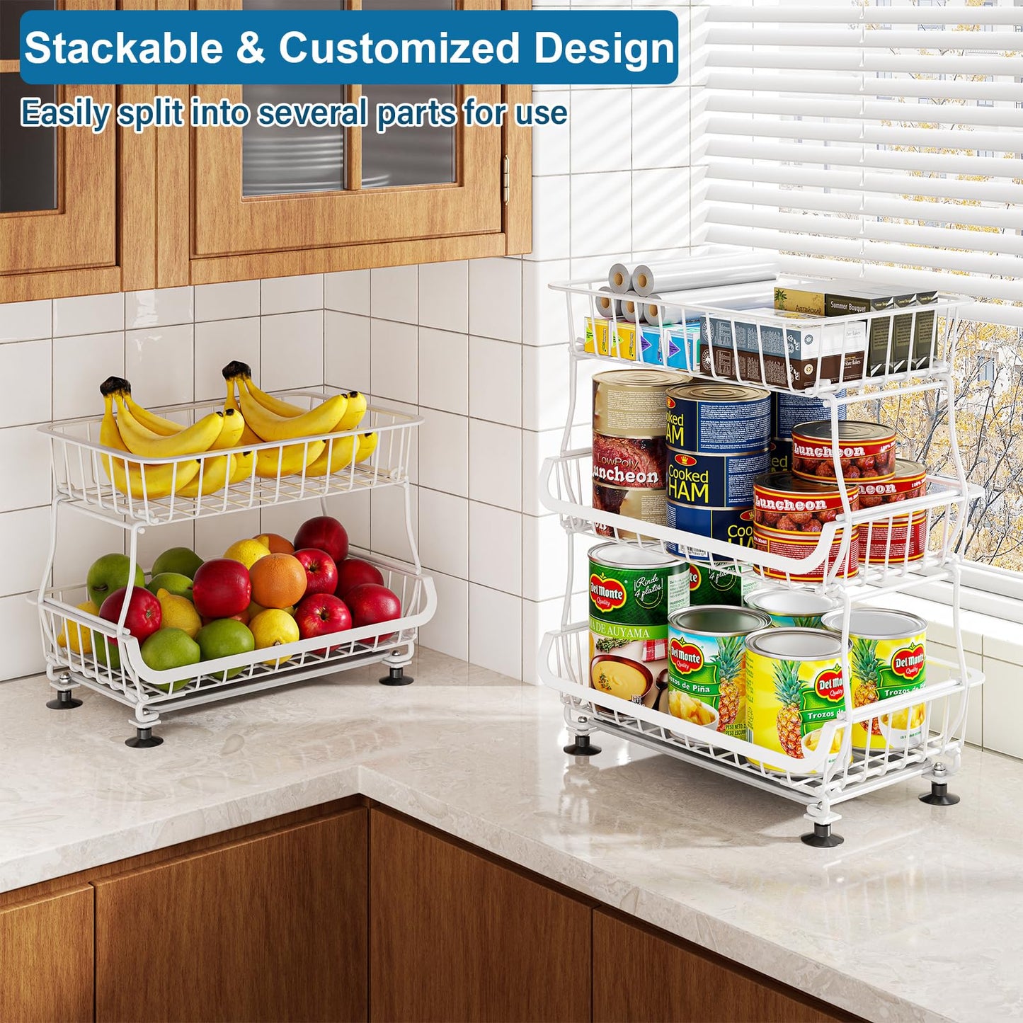 OKZEST 3-Tier Rolling Pantry Floor Organizer and Storage Cart with Wheels, Stackable Wire Pantry Baskets for Pantry Shelves, Kitchen Storage Rack and Fruit Basket Stand for Fruit Snack Onion Potato