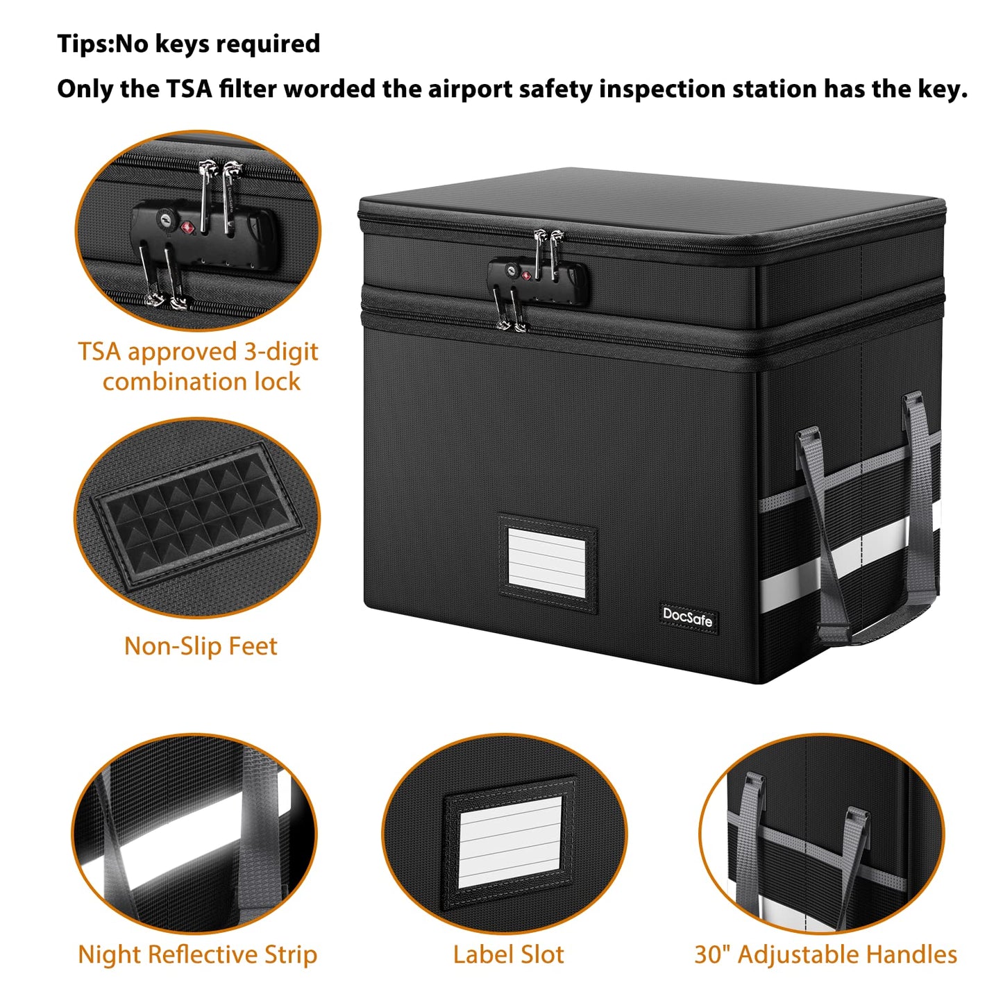 DocSafe File Box with Lock,Multi-Layer Fireproof Document Box Collapsible File Storage Organizer with Pockets/Handle,Large Portable Home Office Filing Safe for Hanging Letter/Legal Size Folders,Black