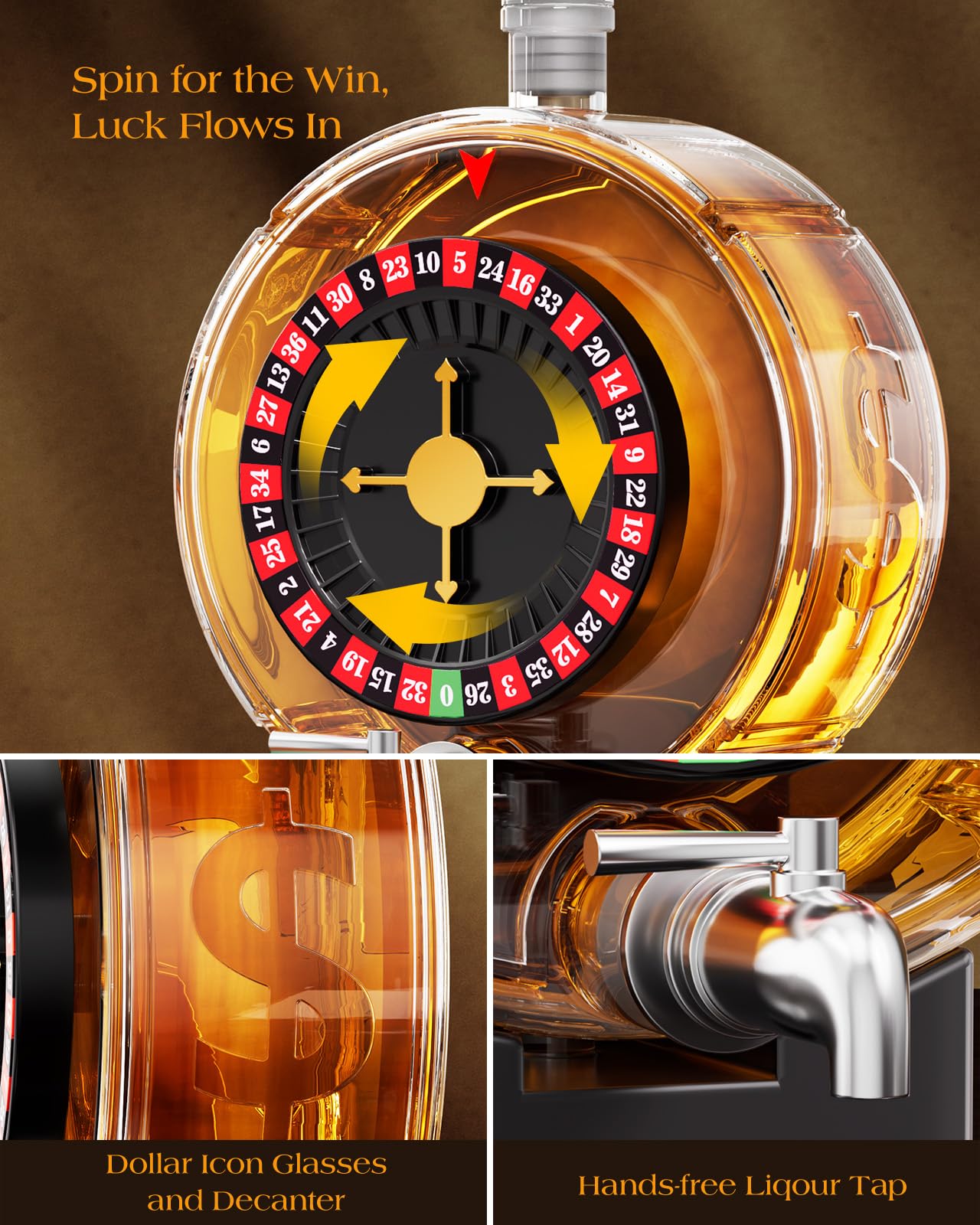 Kollea Roulette Whiskey Decanter Set, 60.9 Oz Casino-Style Slot Decanter with 4 Dollar Glasses, New Year Birthday Gifts for Men Dad, Him, Liquor Dispenser for Anniversary, Bar, Poker Night, Men Cave