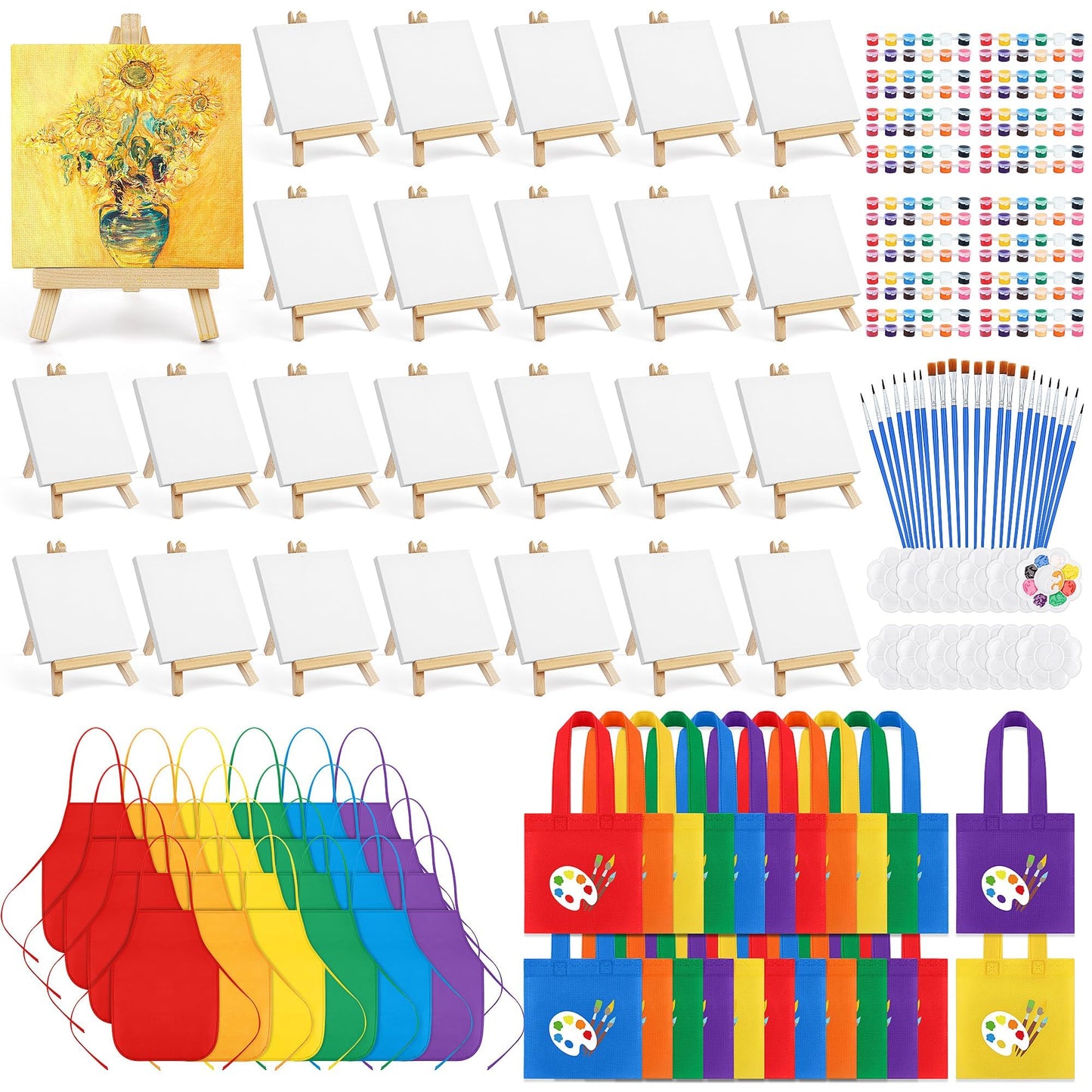 Aneco 24 Packs 4 x 4 Inch Mini Canvases for Painting with Easels Aprons Canvas Tote Bags Brushes Palettes Small Art Stretched Canvas Painting Supplies Kit for Party