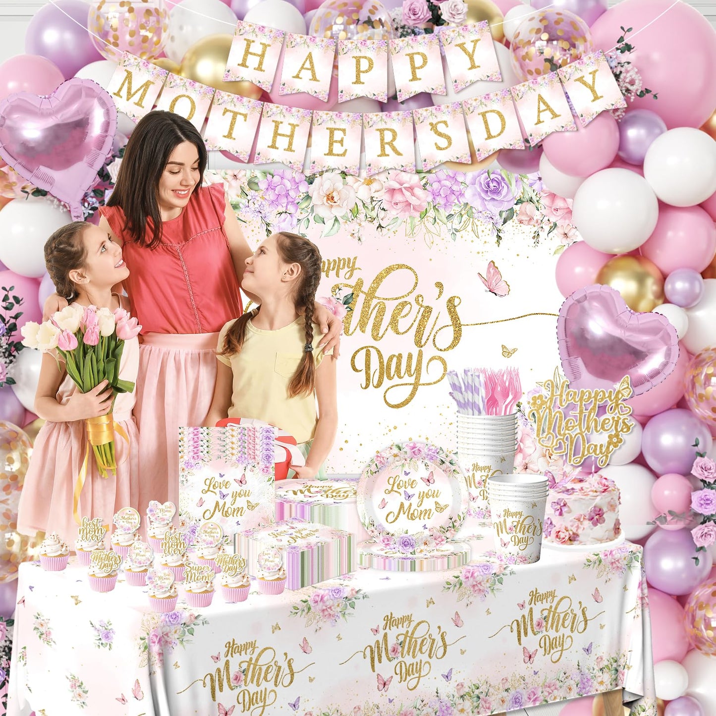 259Pcs Mothers Day Decorations for Party - Purple and Pink Floral Happy Mother's Day Paper Plates and Napkins Mothers Day Balloon Arch,Banners,Cake Toppers for Best Mom Ever Party Favor 24 Guests