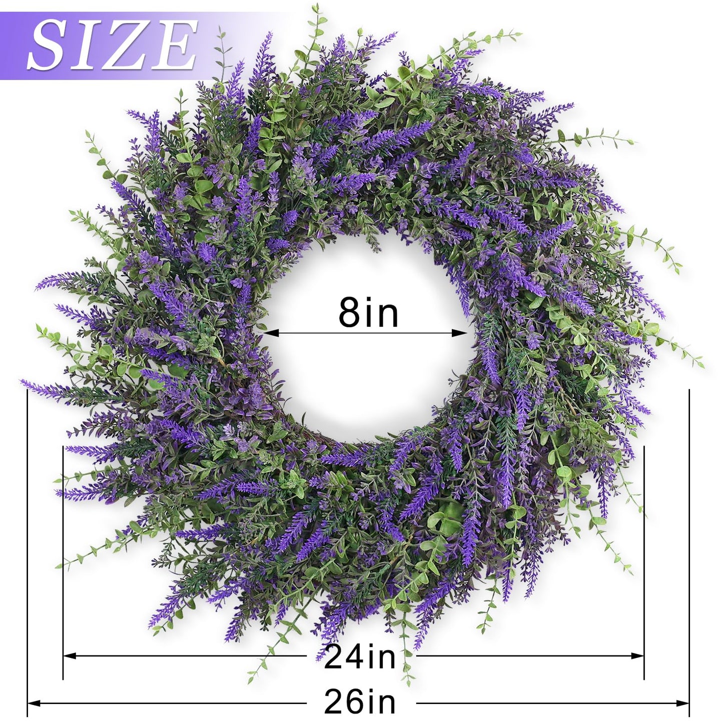 26'' Large Eucalyptus and Lavender Wreath for Front Door, Porch, Window- Artificial Eucalyptus Leaves with Lavender Wreath for Home, Farmhouse Wall Decor- Spring, Summer, Fall, All Seasons (Purple)