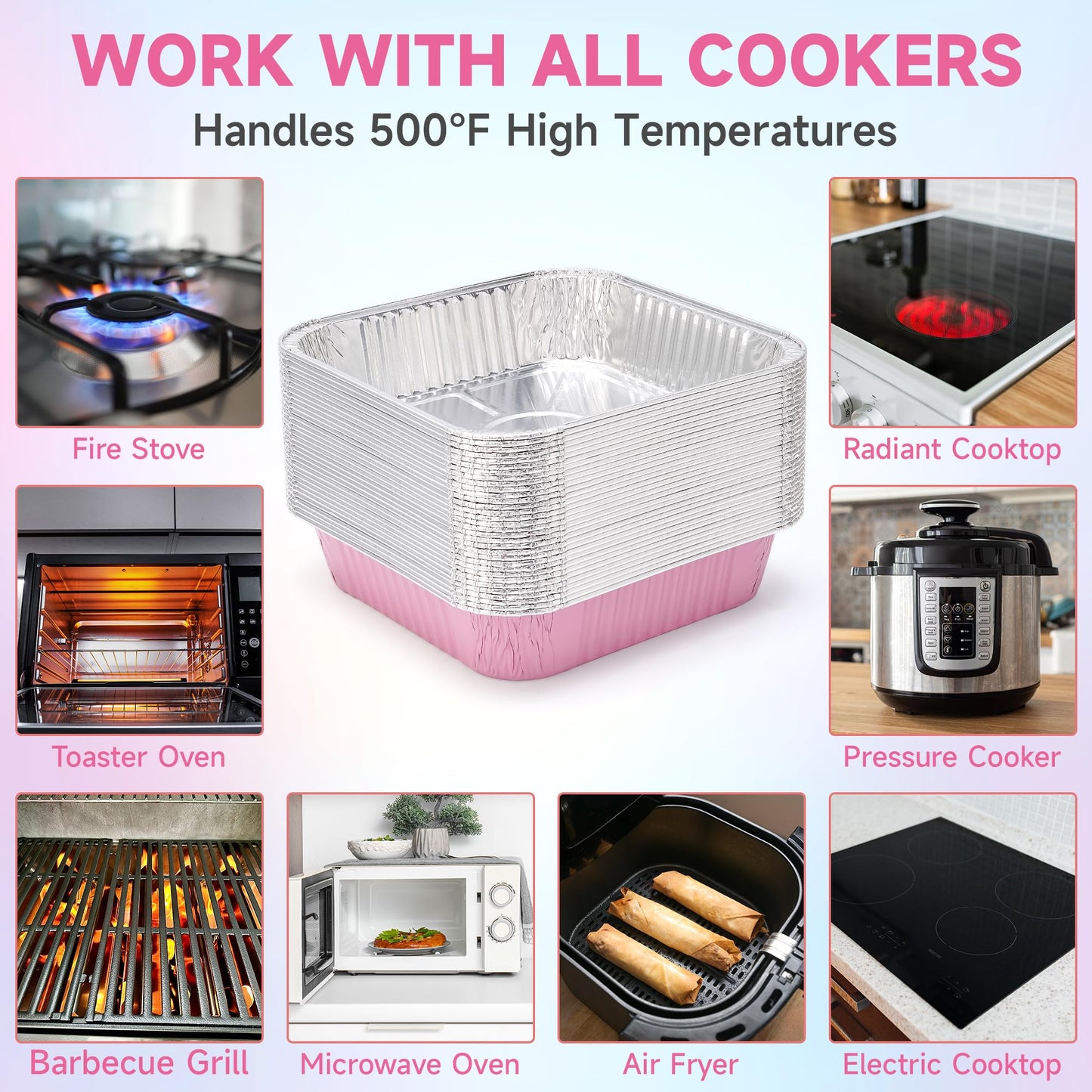 (35 Pack)Pink 8x8 Inch Disposable Aluminum Foil Pans&Square Cake Pans for Parties, Clear Plastic Lids,Eco-Friendly Baking Trays with Stickers&Cake Spoons,Picnics,Casseroles,Takeout,Recyclable Cookware