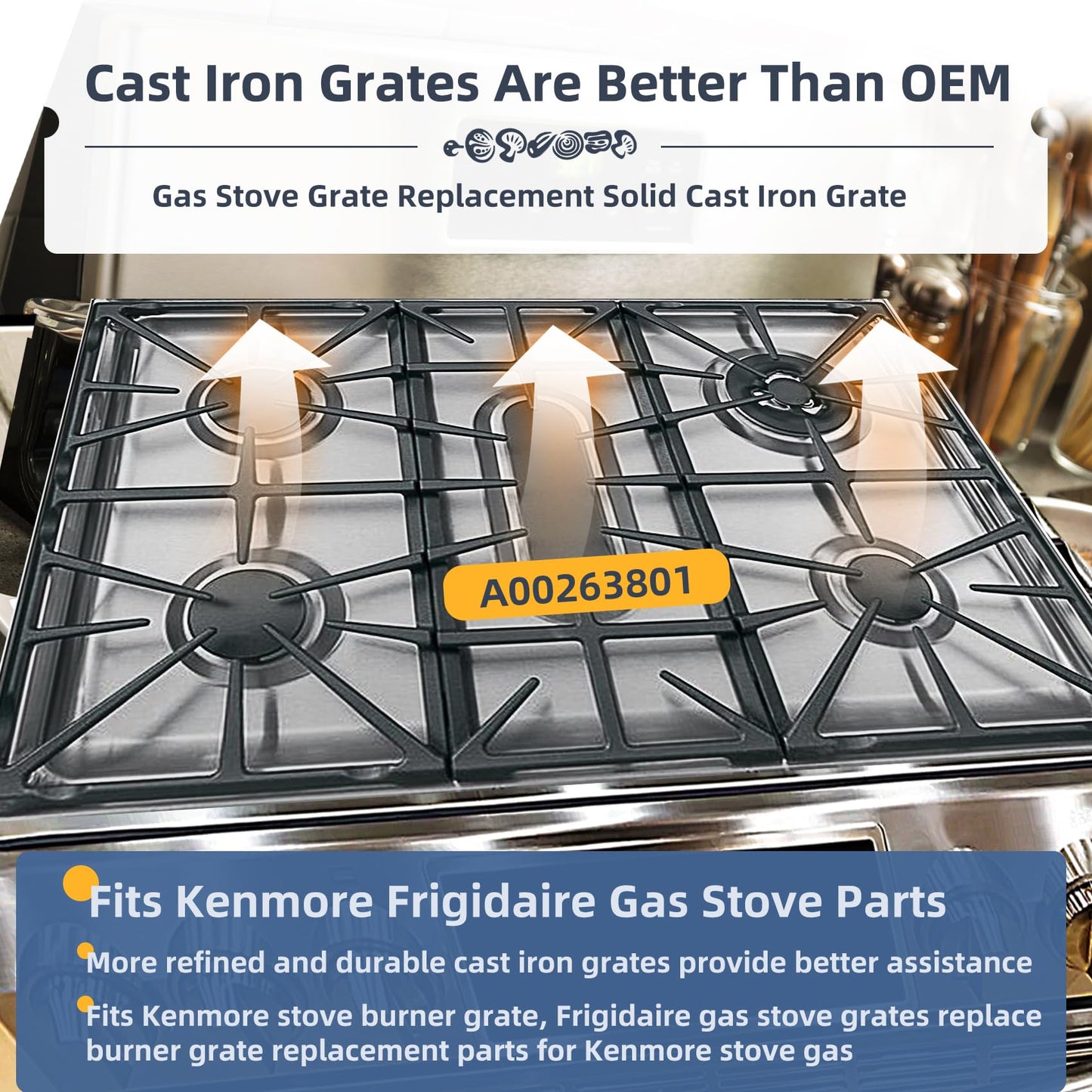 A00263801 Cast Iron Grate Replacement For Kenmore Stove Parts Ap6036421 Gas Stove Grate Center 5304492146 Wci-A00263801, 5304492147 Burner Grates Stove Parts Surface Burner Center Grates