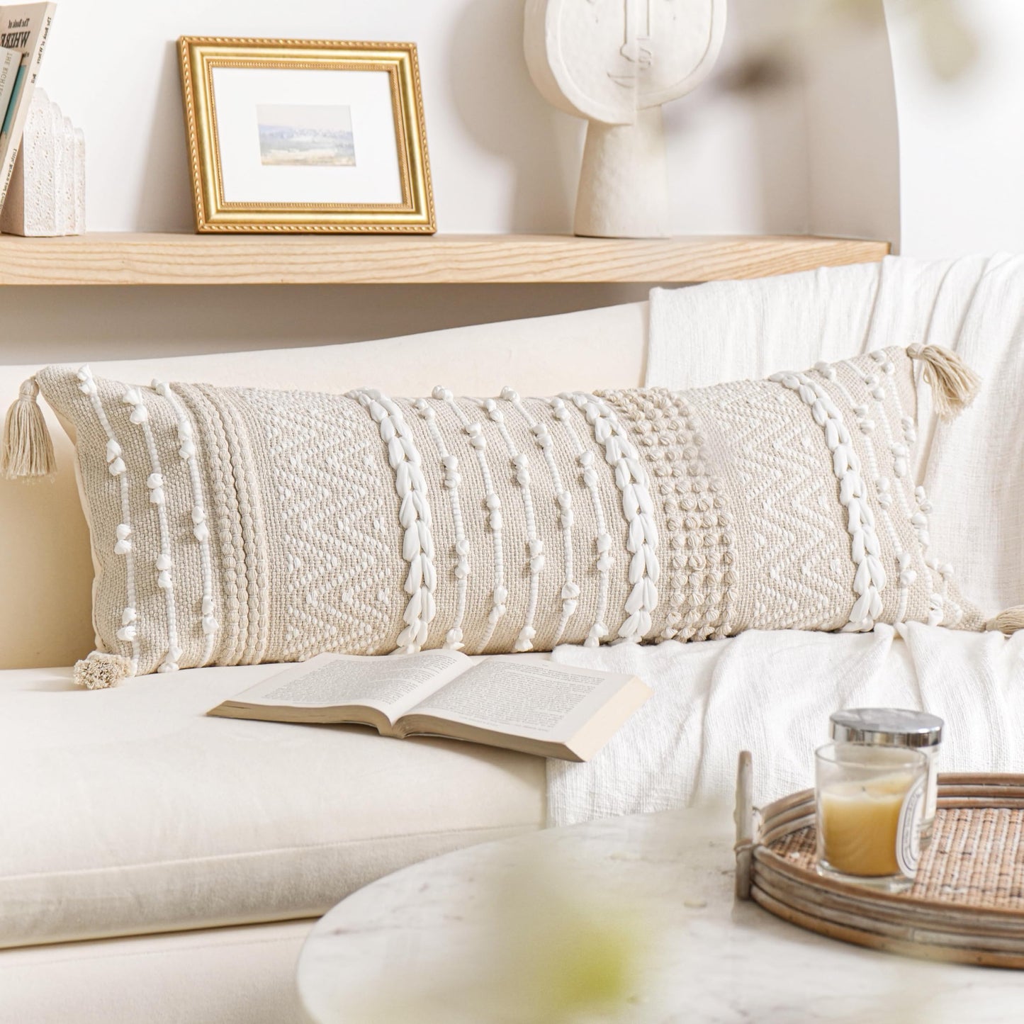 BlissBlush Pure White Decorative Lumbar Pillow Cover 14x36, Boho Long Throw Pillow for Bed, Accent Lumbar Throw Pillow Case, Modern Farmhouse Textured Lumbar Cushion (Cover ONLY)
