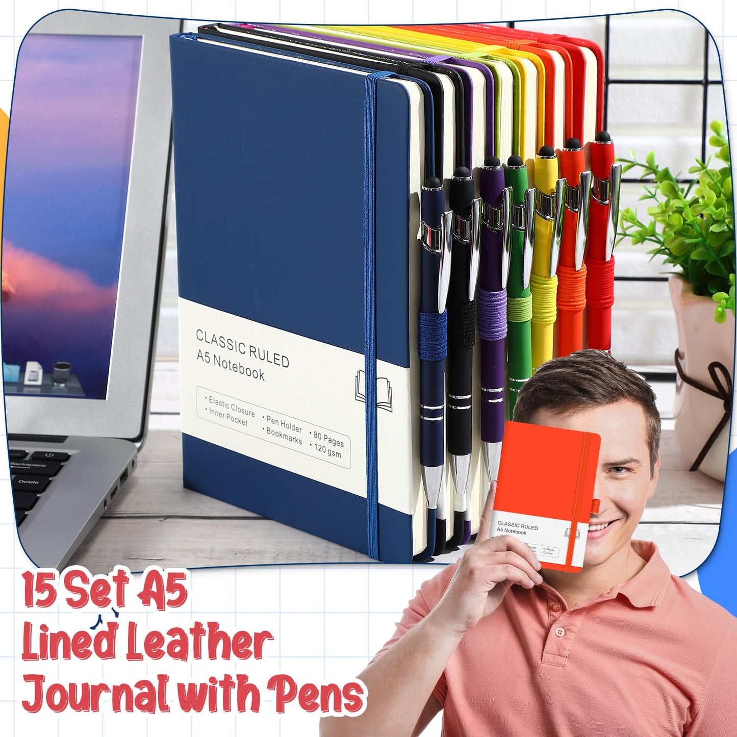 Qeeenar 15 Pack Journal Notebook Bulk A5 Hardcover Notebook Classic Journal Set with Pen Holder with 15 Pcs Pens for School Business Work Travel Writing (Multicolor)