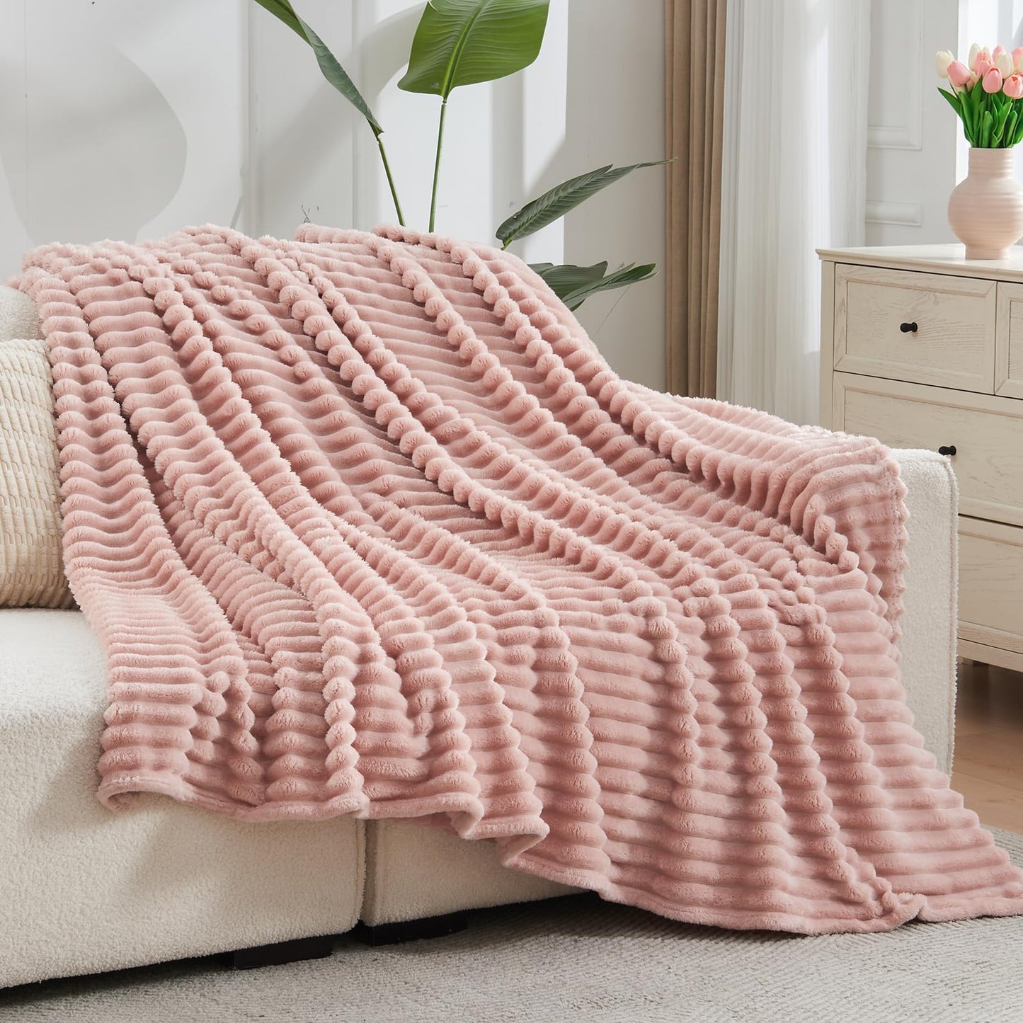 NEWCOSPLAY Super Soft Twin Blanket Pink Premium Silky Flannel Fleece 3D Ribbed Jacquard Lightweight Bed Blanket All Season Use (Pink Ribbed, Twin(60"x80"))
