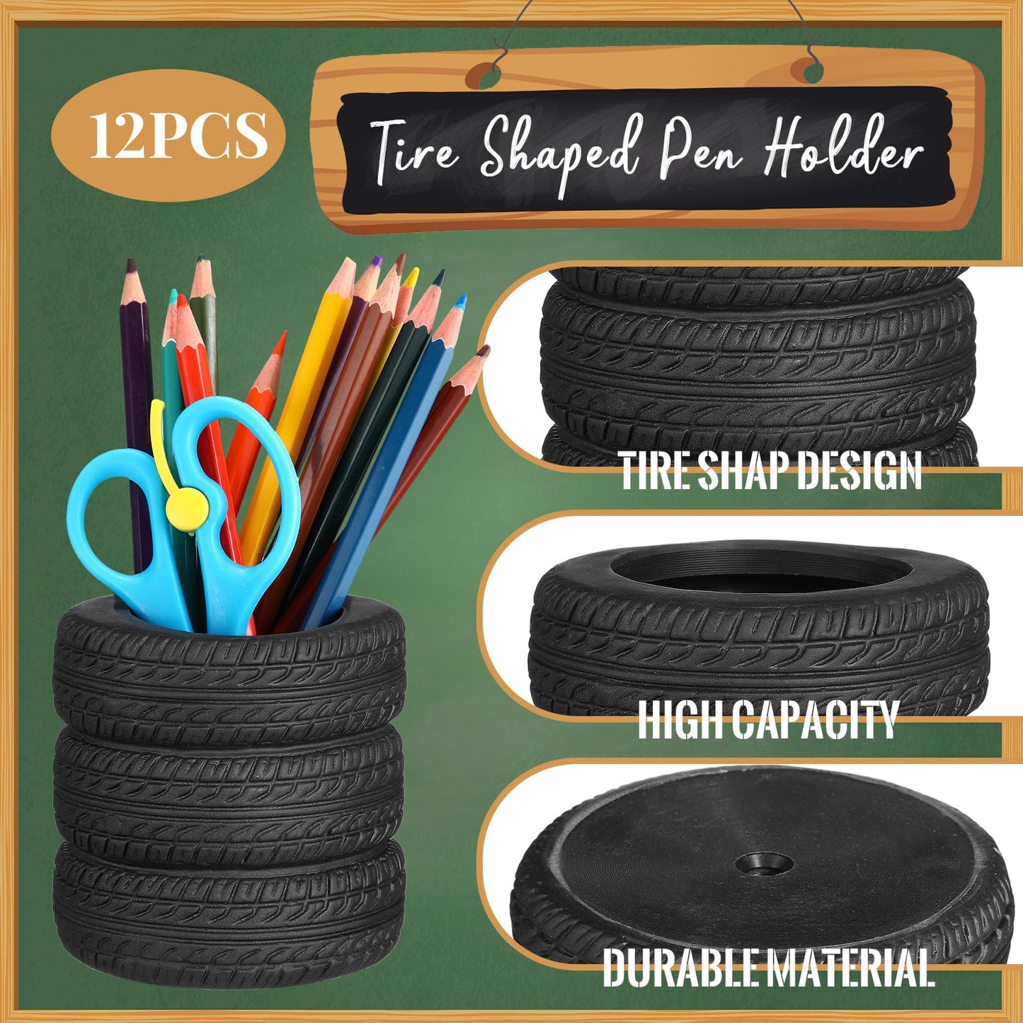 Crtiin 12 Pcs Operation Christmas Box Items Bulk Tire Shaped Pen Holder Car Tire Pencil Holder Stack Stationery Accessories for Desk Office Decor Gift Funny Cactus Succulent Planter