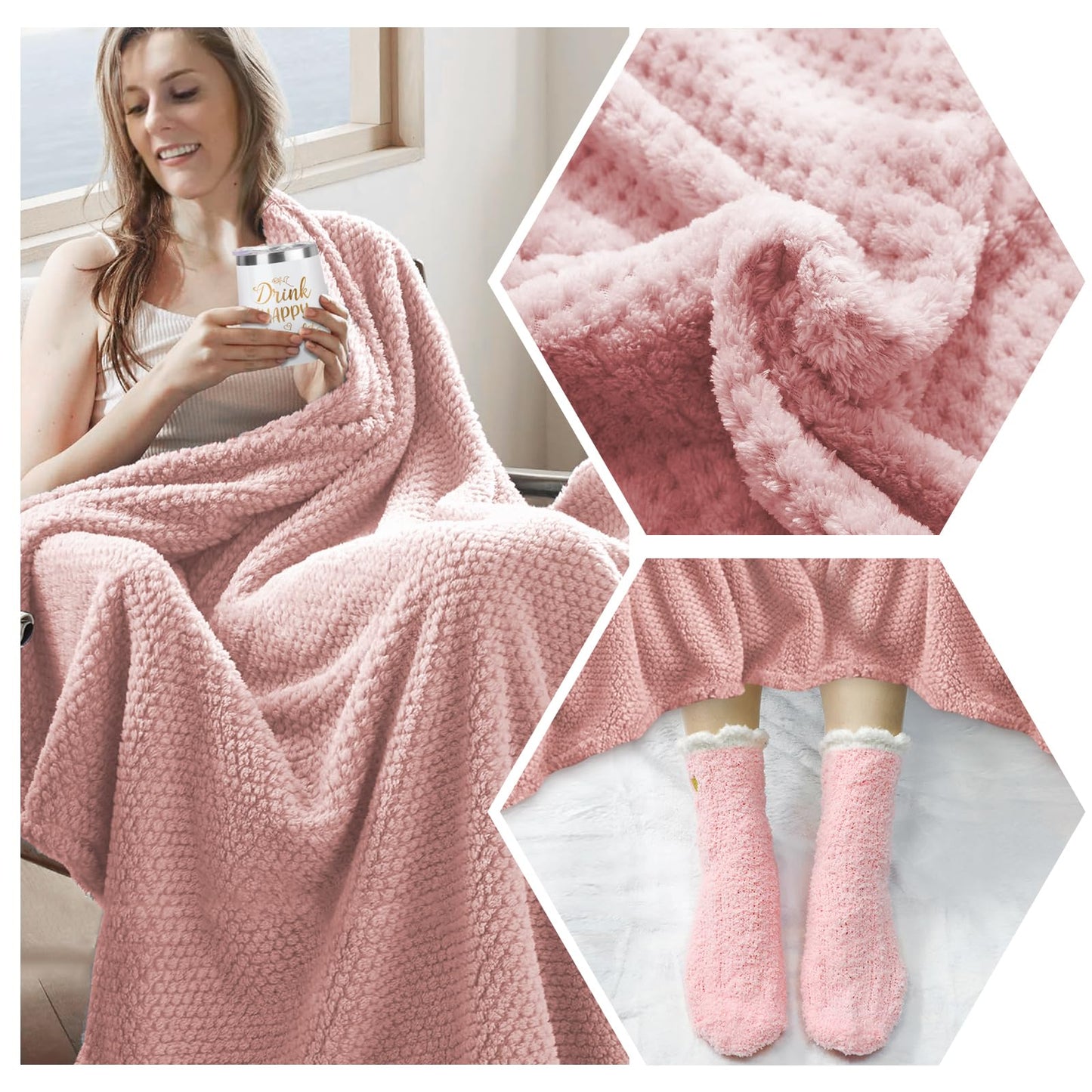 Birthday Gifts for Women Graduation Gifts for Her, Unique Self Care Package Get Well Soon Basket Rose Relaxing Spa Kit with Flannel Blanket Tumbler, Happy Christmas Box for Friend Mom Sister Wife