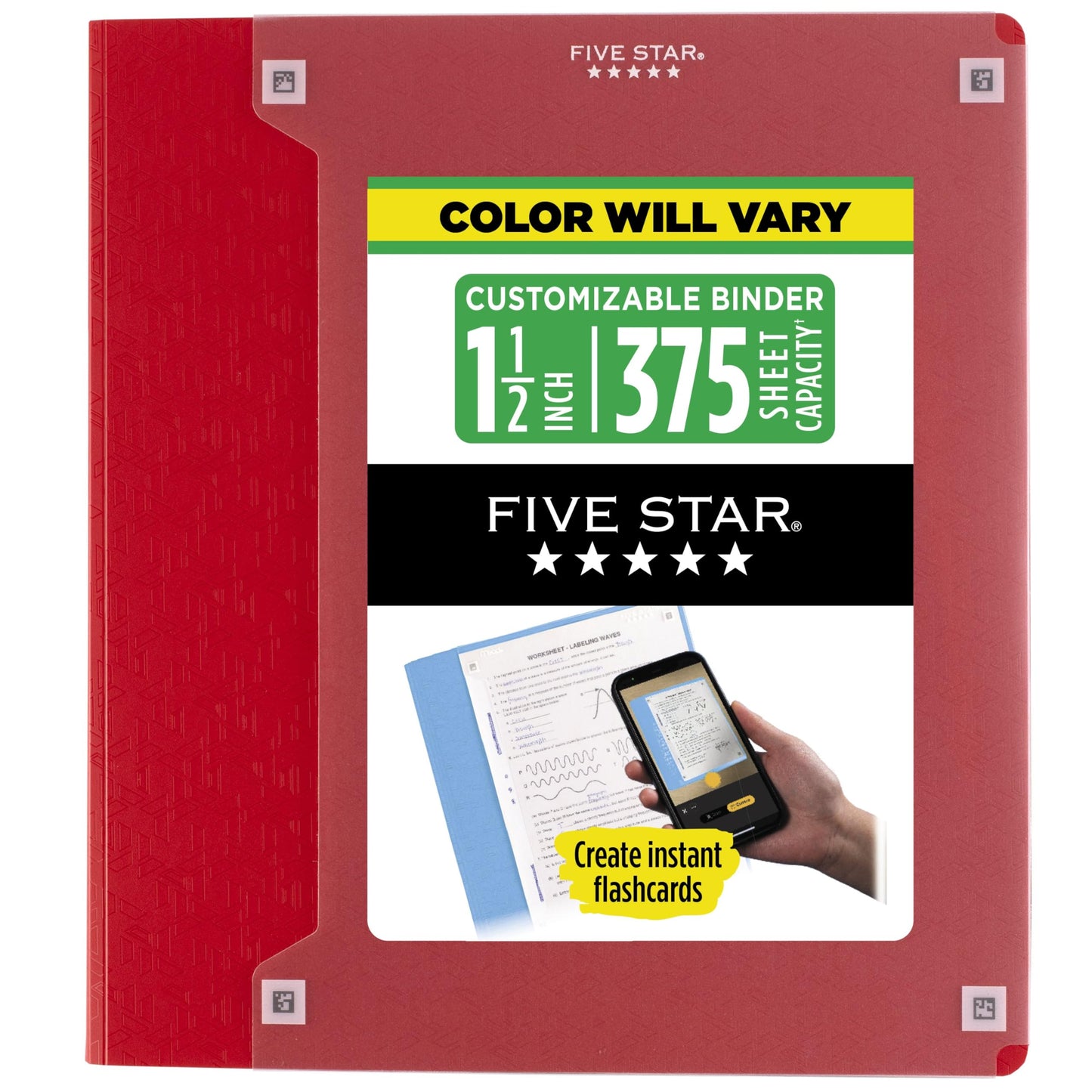 Five Star 3-Ring Binder + Study App, 6 Pack, 1-1/2 Inch Binder with D Rings and Customizable Clear View Cover, 375 Sheet Capacity, Assorted Colors (261460-23)