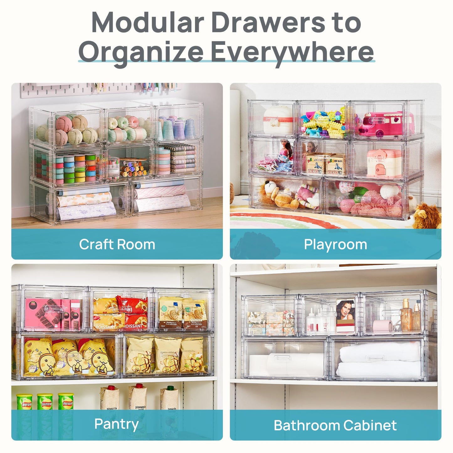 Vtopmart 4 Pack 18QT Clear Stackable Storage Drawers,Easily Assemble Closet Organizers,Plastic Storage Bins for Bathroom,Cabinet,Kitchen Pantry,Under Sink Organization(Medium)