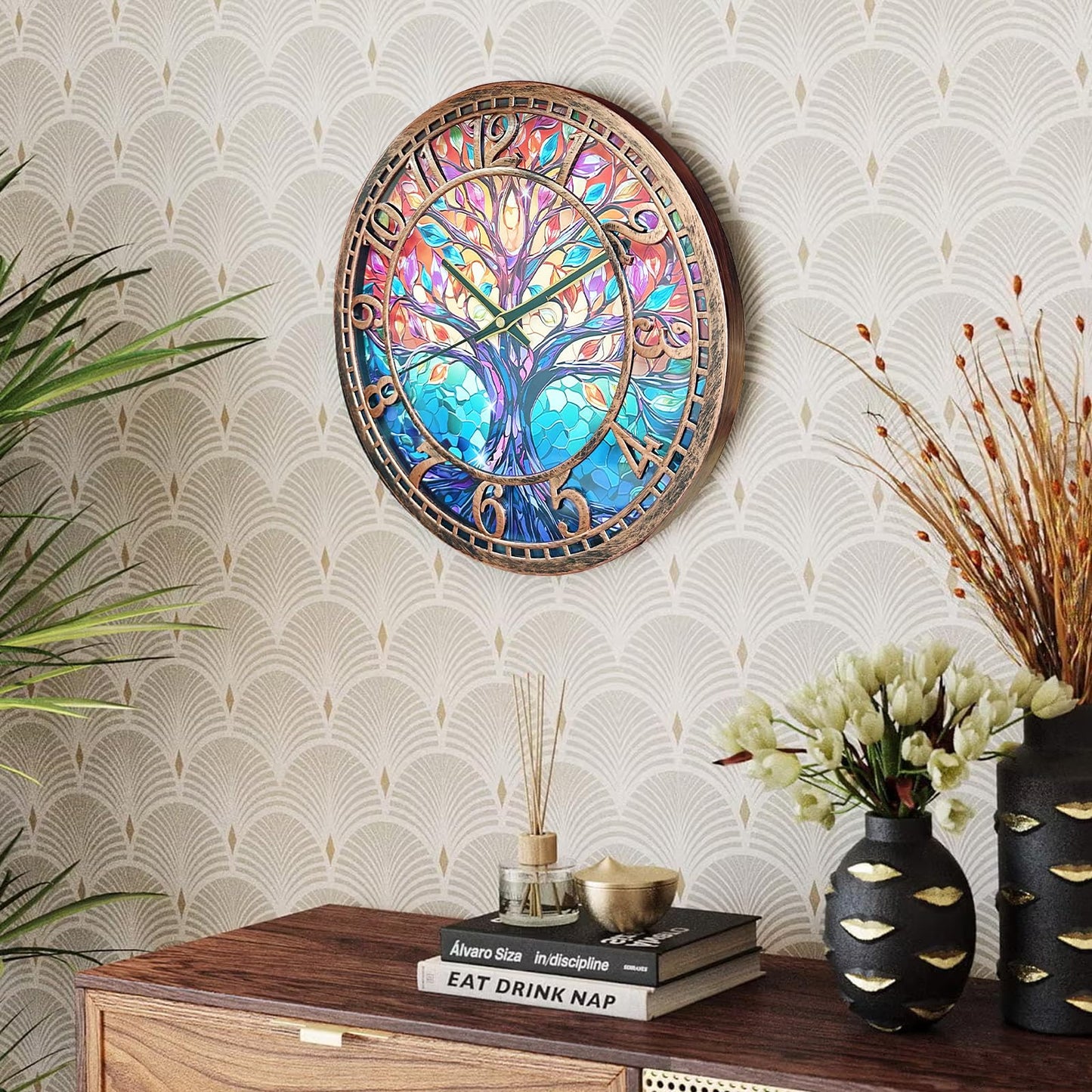 WANGIRO Tree of Life Wall Clock 12inch Silent Movement Non-Ticking Clock Precise Timekeeping Wall Clock Suitable for Living Rooms Bedrooms Offices Ideal for Home Decor Gifts Antique Copper