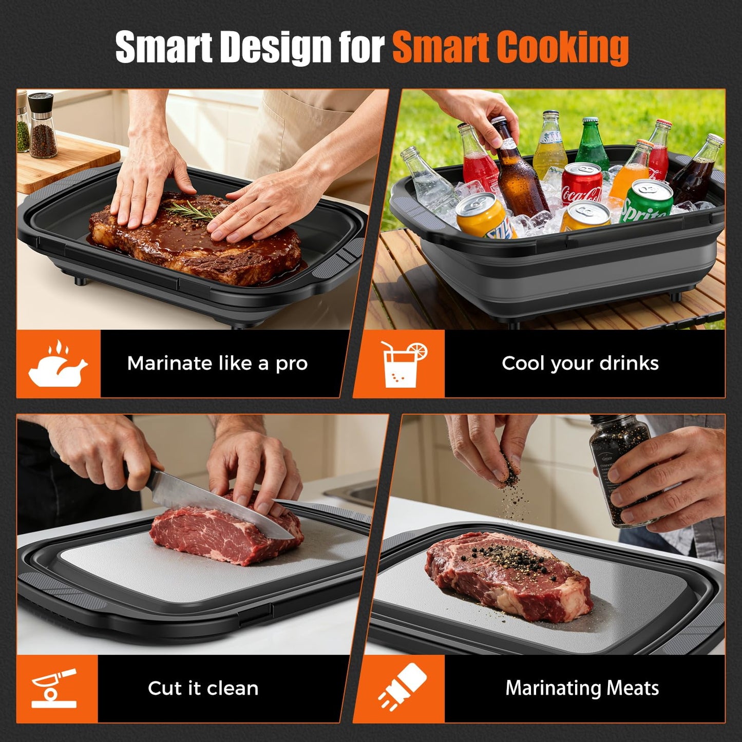 Collapsible BBQ Prep Tubs with Titanium Cutting Board, Large-Capacity（5.3Gal/20L）Barbecue Utensils, with Locking Lid, Strong Sealing and Leak-Proof Design. Suitable for Kitchen and Outdoor.