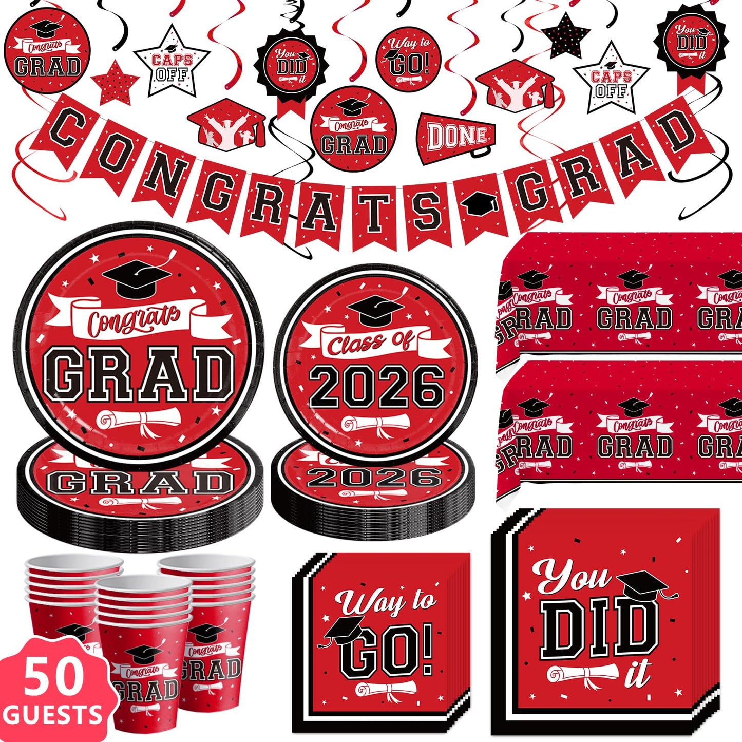 DAZONGE Graduation Decorations 2026 Red and Black, 265pcs Disposable Tableware Kit for 50 Guests, Plates, Napkins, Cups, Tablecloth and Hanging 2026 Graduation Party Decorations