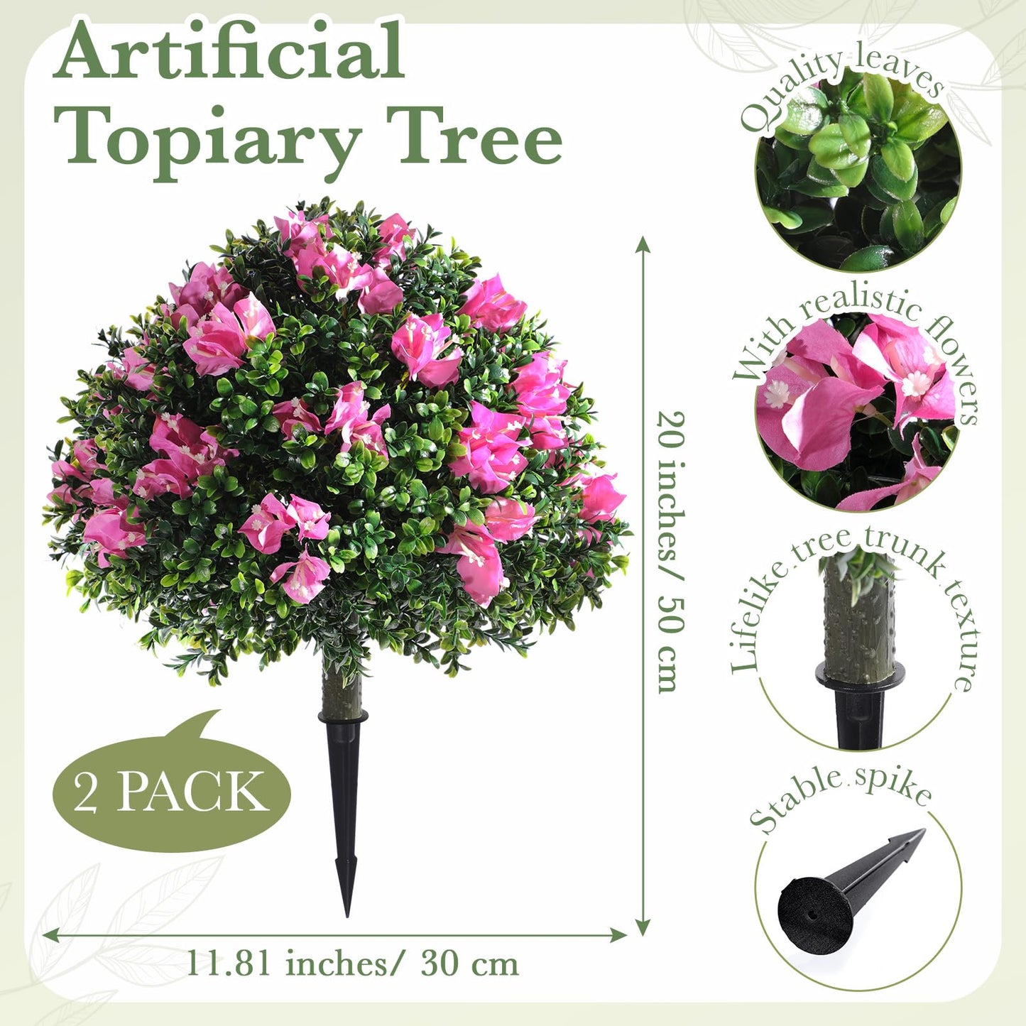 Yunlly 2 Pack 18" Artificial Boxwood Topiary Balls with Bougainvillea Flowers with Spikes, UV Resistant Faux Bushes Outdoor Plants Fake Shrubs for Garden, Yard, Front Porch, Patio Decor (Pink)