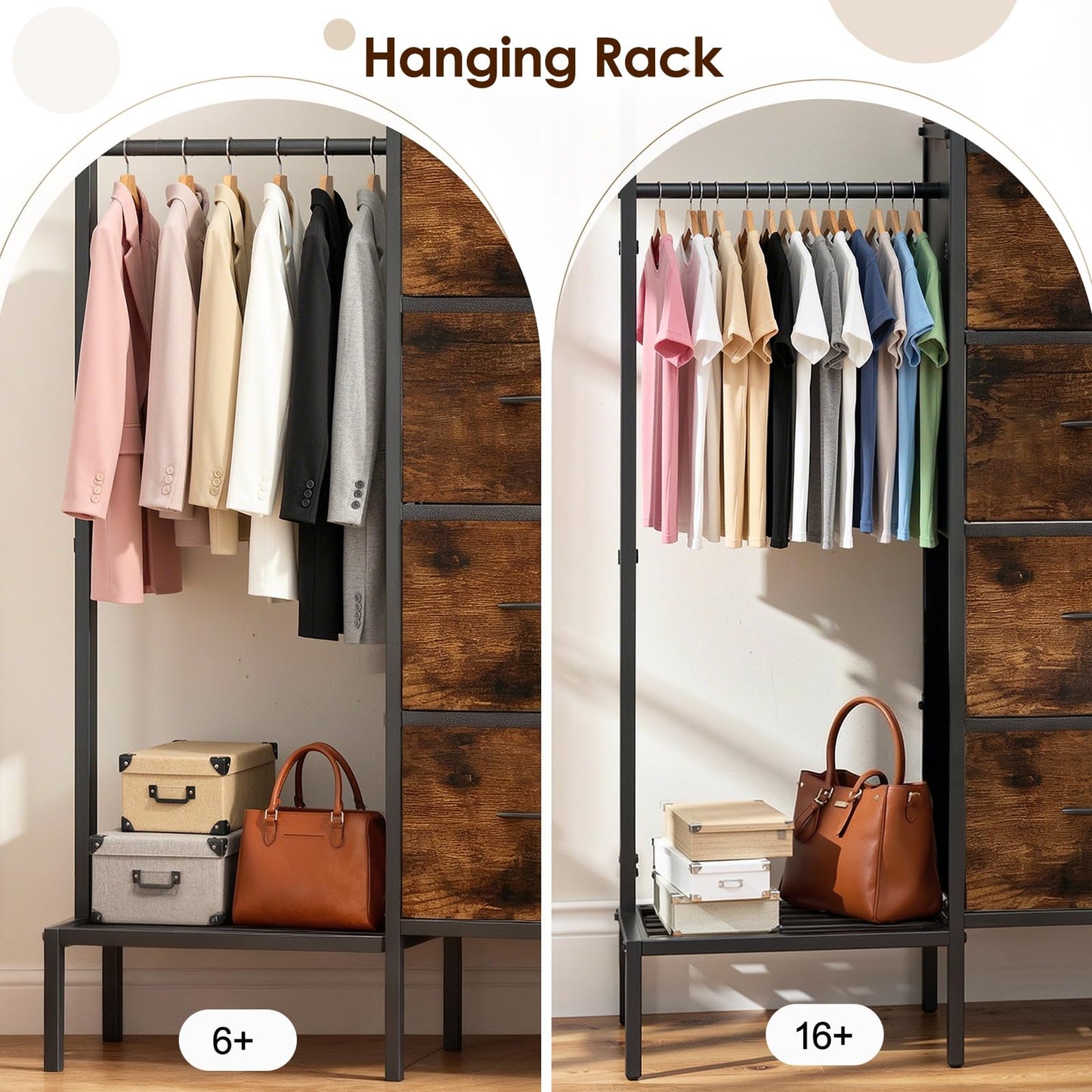 Lewondr Dresser with Hanging Rack and Storage Drawers, 4 Drawer Chest with Hooks and Hat Rack, Rustic Entryway Organizer for Accessories, Brown Wood Finish