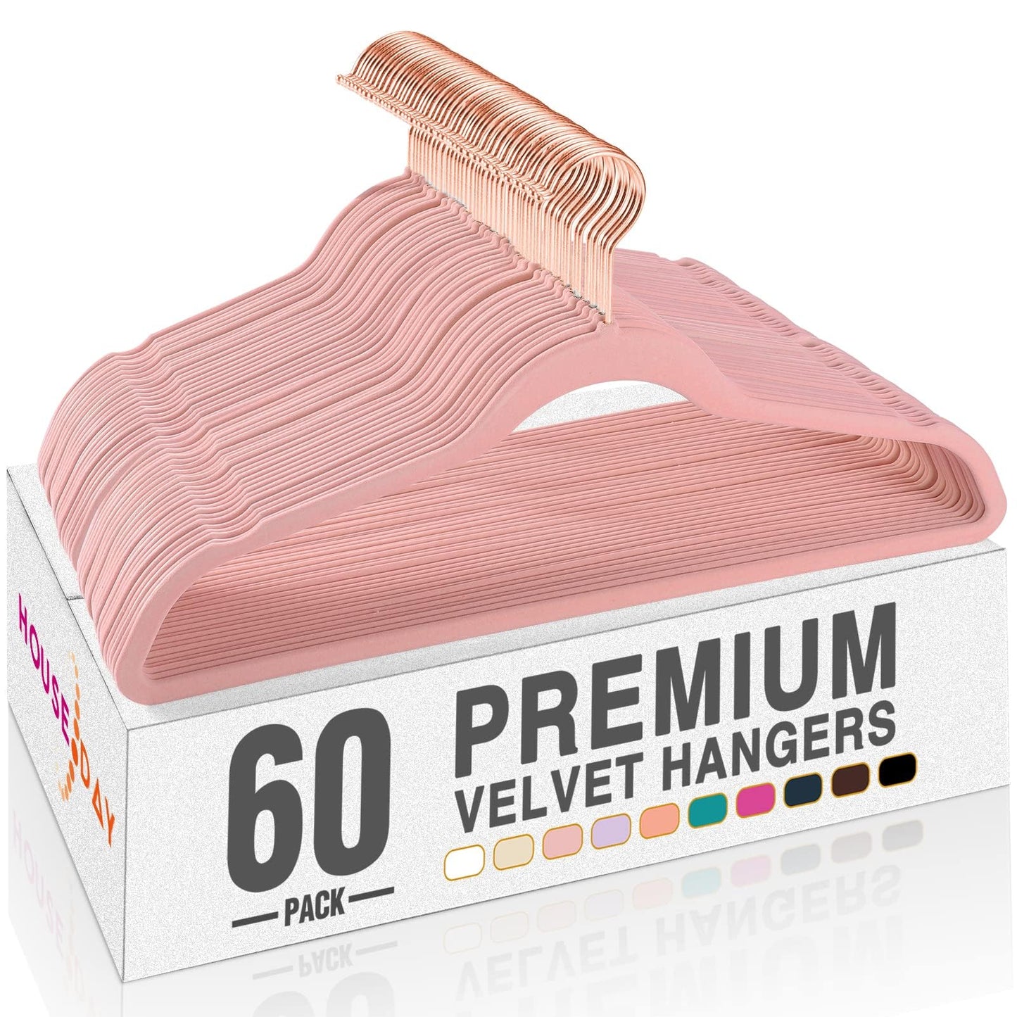 HOUSE DAY Pink Velvet Hangers 60 Pack, Premium Non-Slip Felt Clothes, Sturdy Heavy Duty Coat, Durable Hangers for Suits, Space Saving with No Hanger Mark, 360° Swivel Rotating Rose Gold Hook