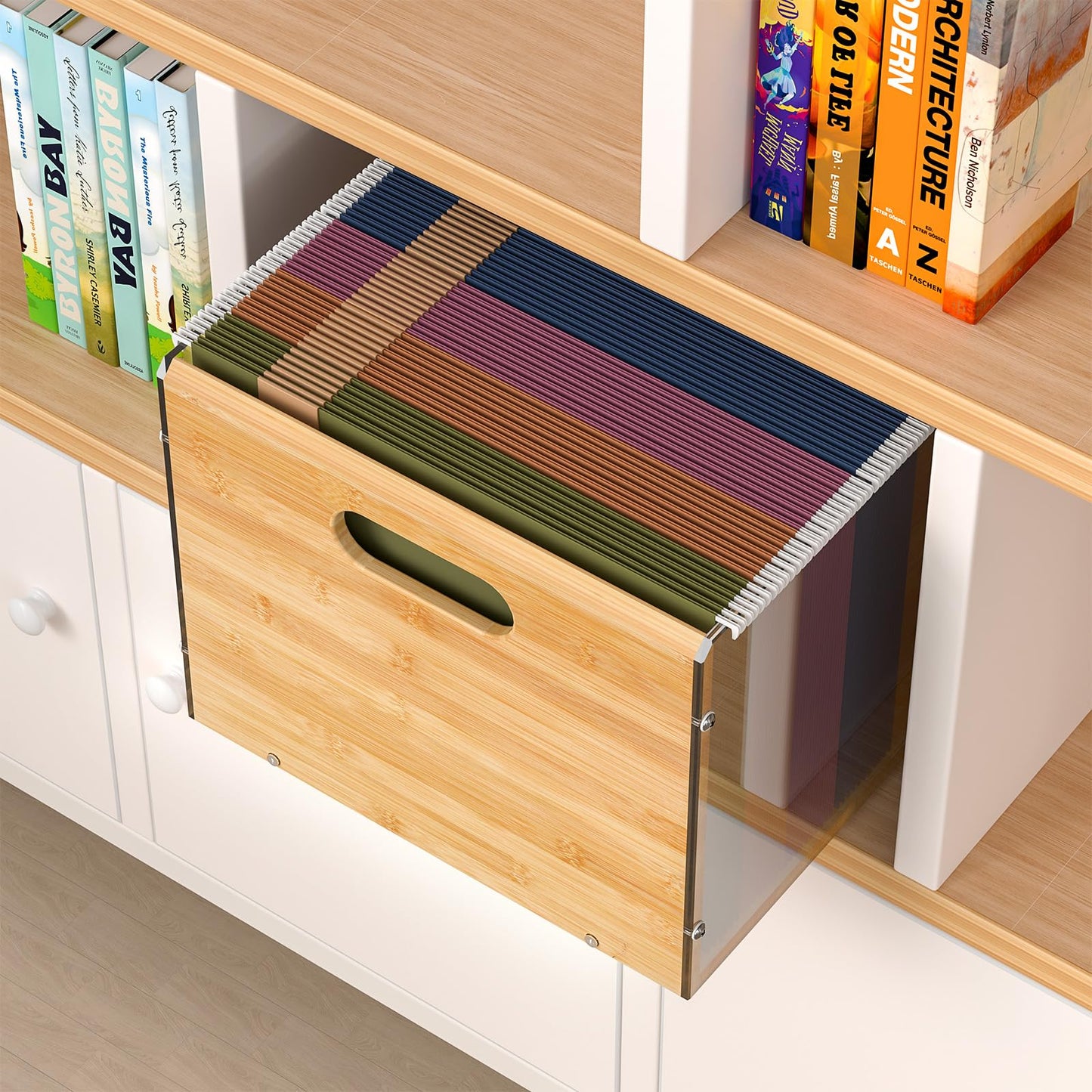 Sbanmao Letter/Legal Bamboo Acrylic File Box Organizer, Hanging File Folder Storage Boxes, Decorative Document Crate Transparent Filing Bin with Handle for Home Office Desk