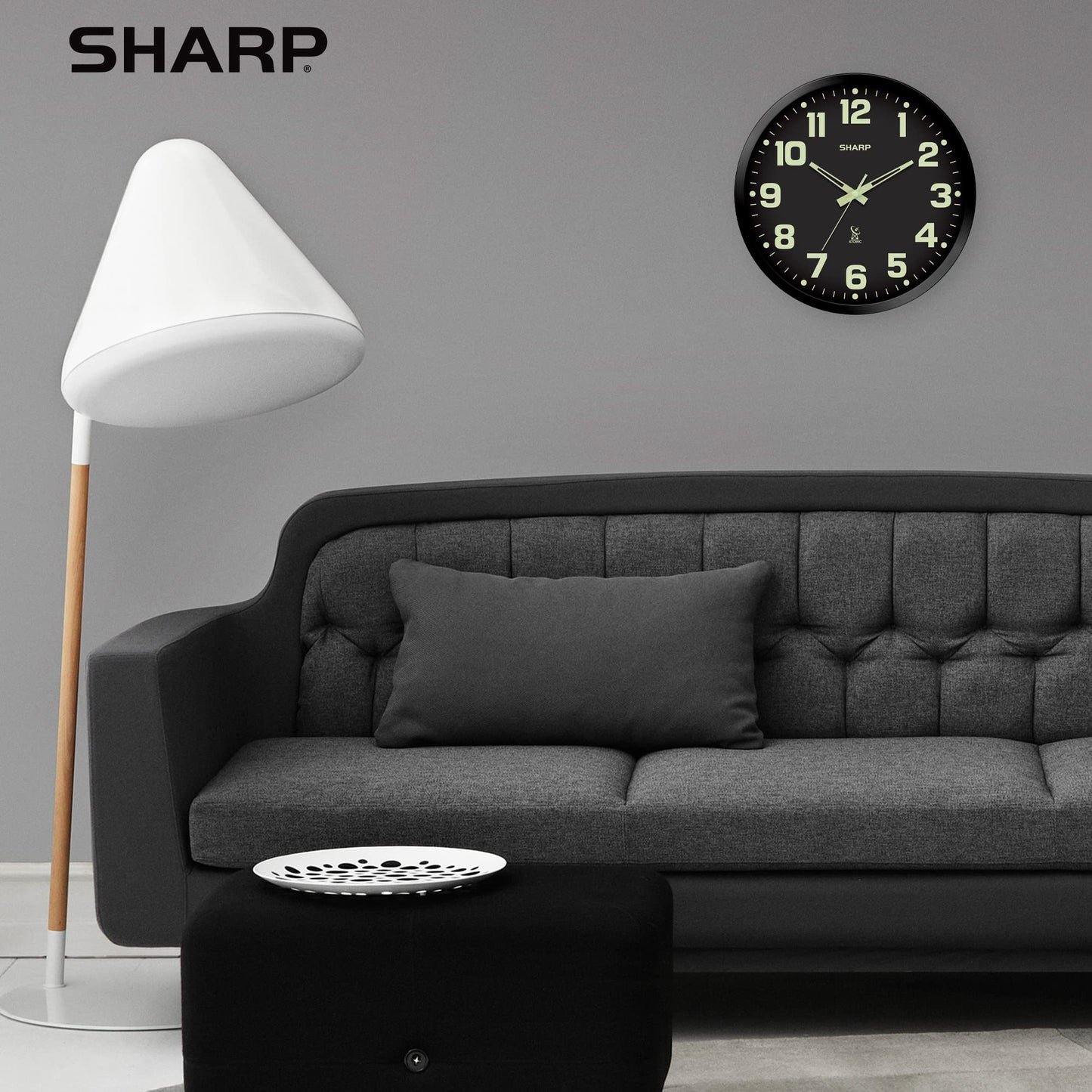 Sharp Glow in the Dark Atomic Analog Wall Clock - 12" Clock with Black Frame - Sets Automatically - Battery Operated - Easy to Read - Easy to Use – See Day or Night!