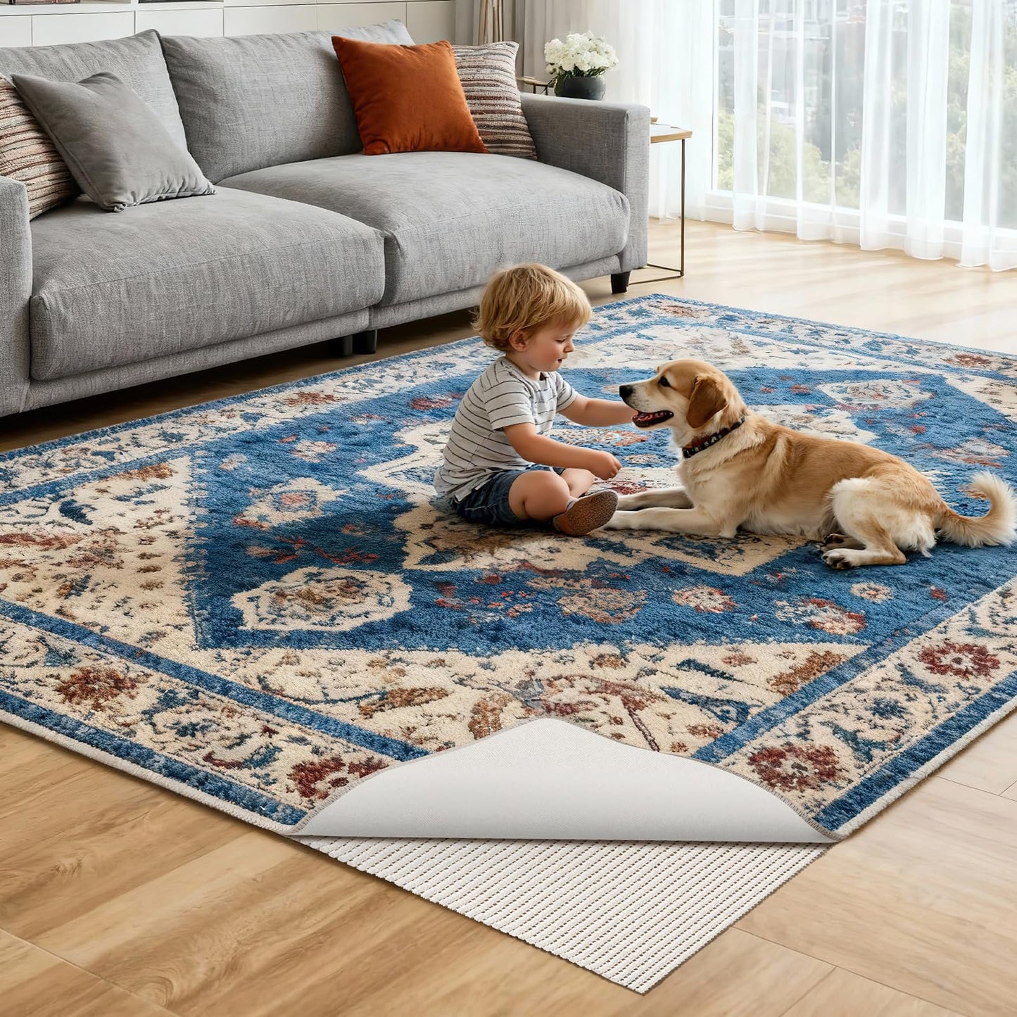 Songrey Non-Slip Rug Pad 10x14 FT, Extra Thick Carpet Pads for Hard Surfaces, Prevents Sliding and Secures Rugs, Provides Floor Protection with Comfort Cushioning