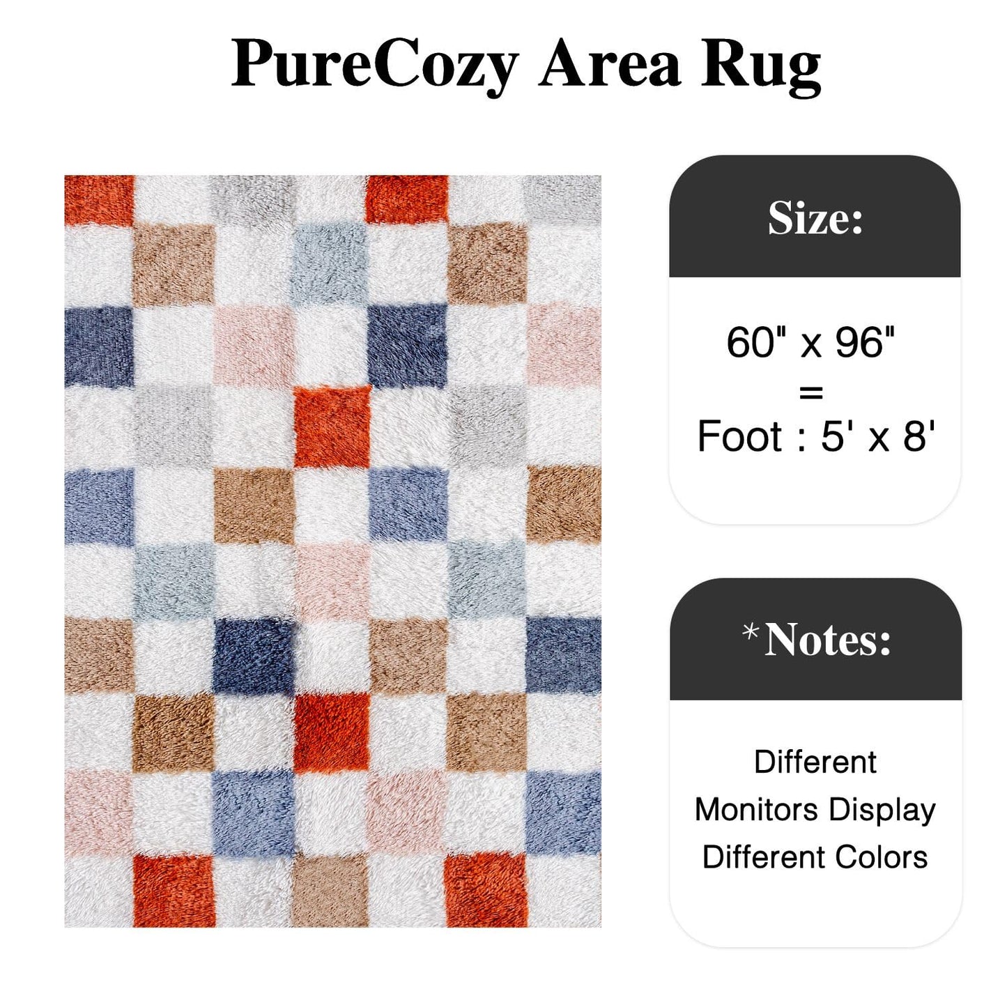 PureCozy Checkered Rug 5x8 for Living Room, Modern Rainbow Shag Rug Super Soft Washable Indoor Fuzzy Carpet Non-Slip Fluffy Rugs for Bedroom Home Aesthetic Decor