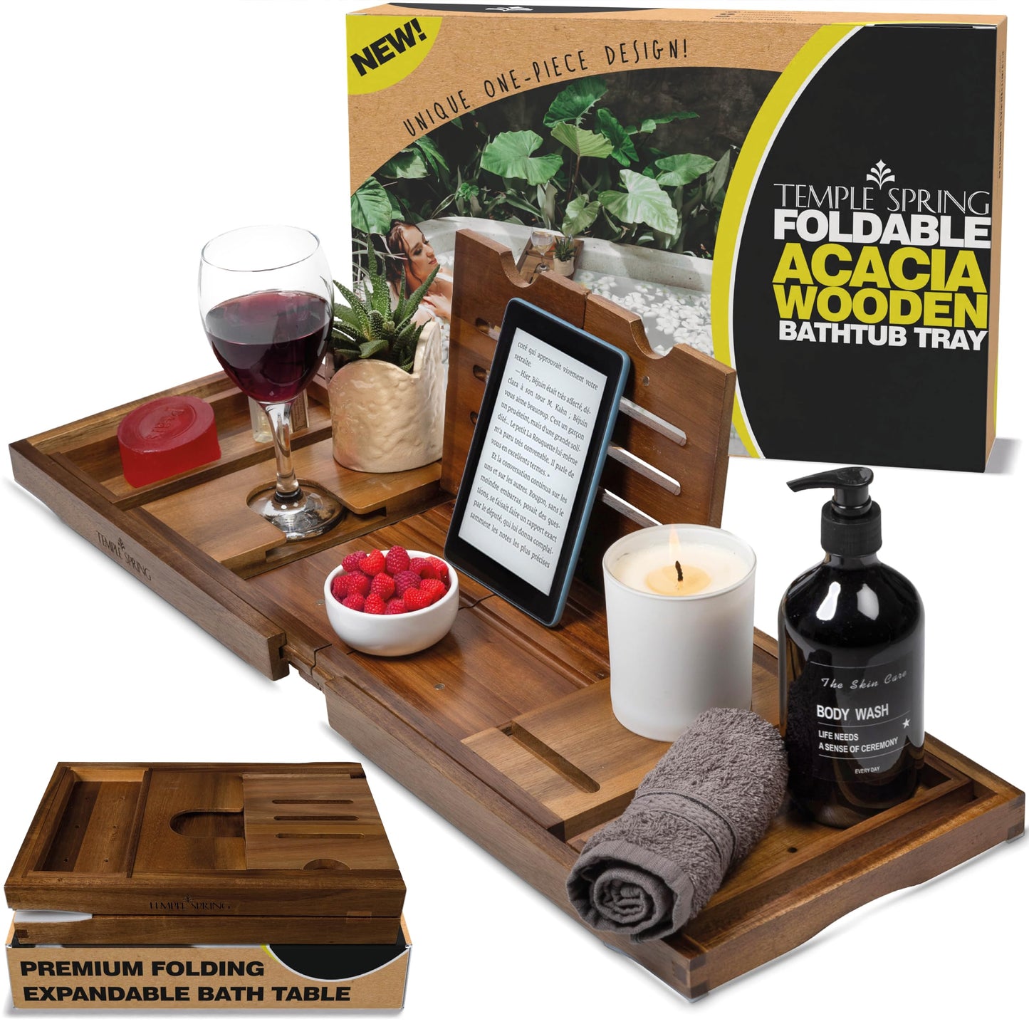Temple Spring Foldable Bathtub Tray, Unique Design Selfcare Bathroom Caddy, Acacia Spa Bathroom Tray, Wooden Bathtub Accessories, Wedding Gift/Birthday Gift/New Home Bath Table – Not Teak