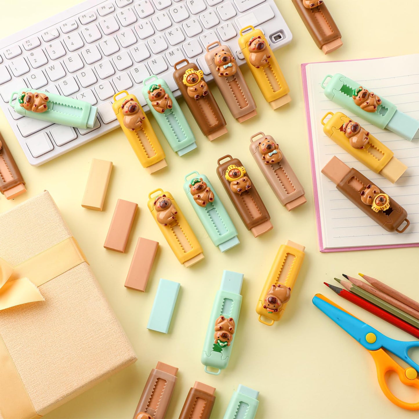 Gersoniel 48 Pack Capybara Retractable Erasers 24 Pcs Push-Pull Rubbers with 24 Pcs Refill Rubbers for Capybara Lovers Office Supply Gifts