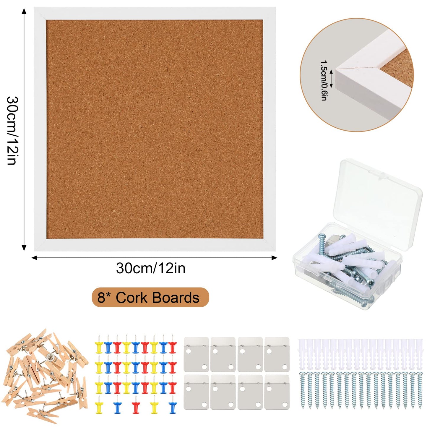 Treela 8 Pack White Cork Board with Frame for Wall 12x12, Decorative Linen Corkboard Bulletin Board with Push Pins & Clips for Office Home School Supplies (Square)