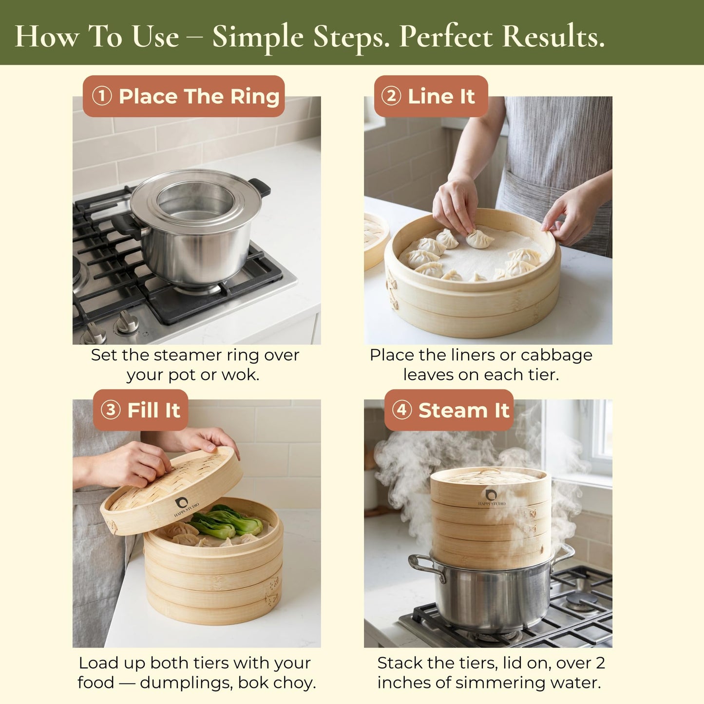 HAPPI STUDIO Bamboo Steamer Basket Set - 10 Inch Large Dumpling 2 Tier for Pots - Asian Cooking Dim Sum Bao Buns Momo Rice - Natural Chinese Steam Baskets Kit with Stainless Steel Ring (10-inch Extra Deep Bamboo Steamer w/ Ring)