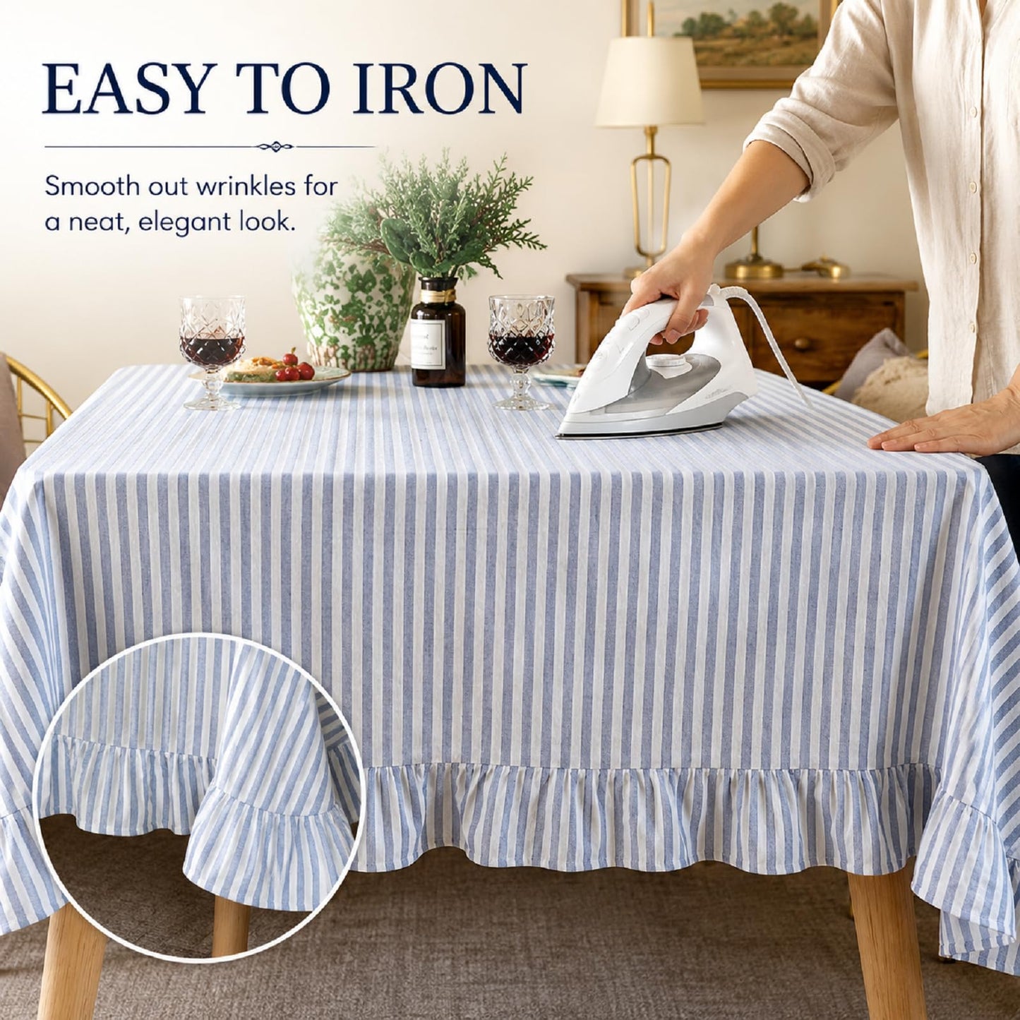 Boao Cotton 52 x 70 Inch Farmhouse Ruffle Tablecloth Blue White Striped Flounces Trim Table Cover for Rectangle Table Kitchen Party Wedding Decor