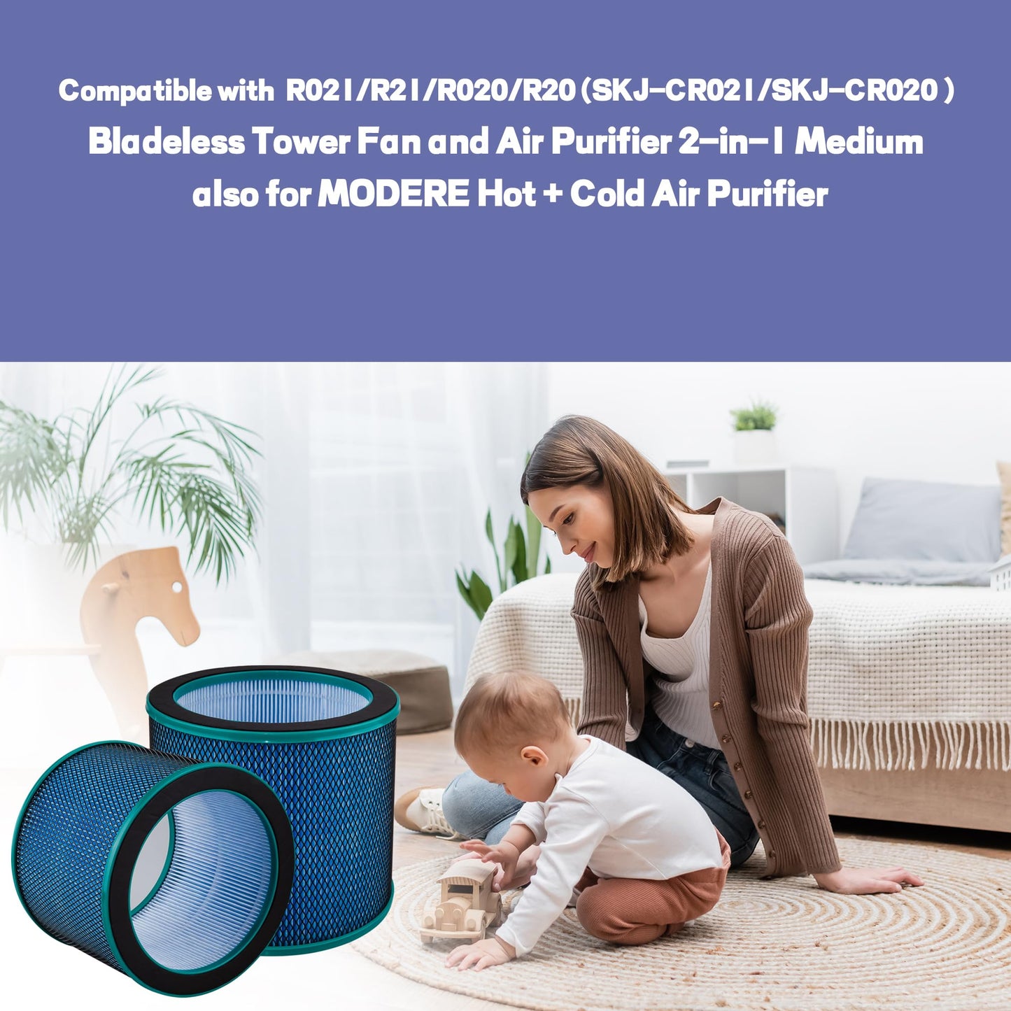 Popurure R021/ R020 Replacement Filter Compatible with R21/R20 (SKJ-CR021 SKJ-CR020) Bladeless Tower Fan and Air Purifier 2-in-1 Medium, with H13 HEPA Filter - 2 Pack