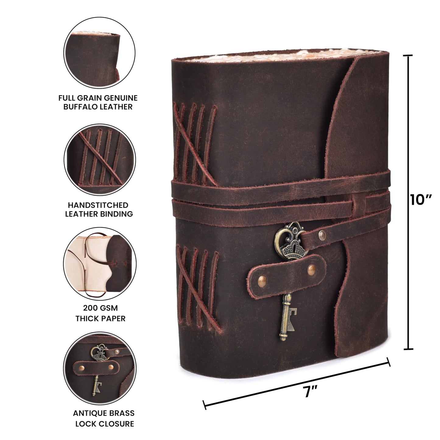 LEATHER VILLAGE Vintage Leather Journal – 200 Handmade Vintage Deckle Edge Paper – Leather bound Journal For Women Men – Vintage Key Closure - Book of Shadows - Chocolate Brown - 10X7 inches