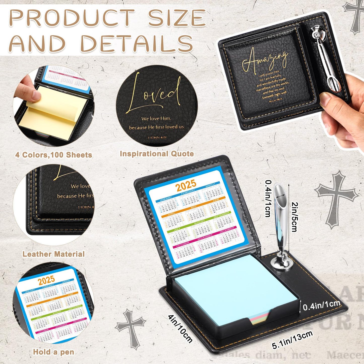Spakon 12 Set Christian Gifts Bulk, Fathers Day Religious Bible Verse Sticky Note Holder with Pen, PU Leather Scripture Memo Box for Graduation Women Men, Inspirational Church Gifts (Black)