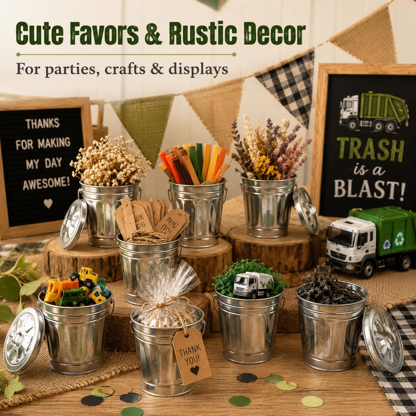 jojofuny 12 Pack Mini Trash Cans with Lids, 3.7 Inch Silver Metal Garbage Can Favor Buckets, Small Desktop Bins for Trash Truck Birthday Party, Office Desk, Craft Storage, Pen Holder, Mini Planter