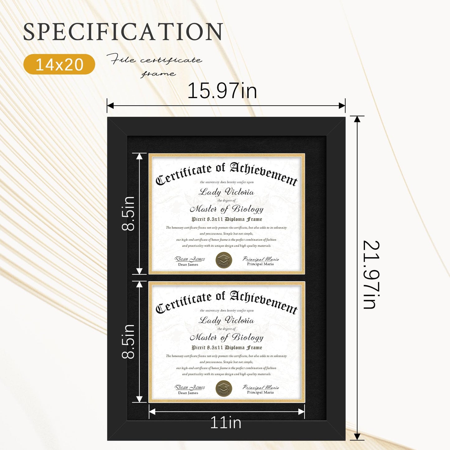 Picrit Double 8.5x11 Black Wood Diploma/Document Frame with Tempered Glass & Black over Gold Mat, and Display 14x20 Degree Certificate Frame without Mat for Wall, 1 pack