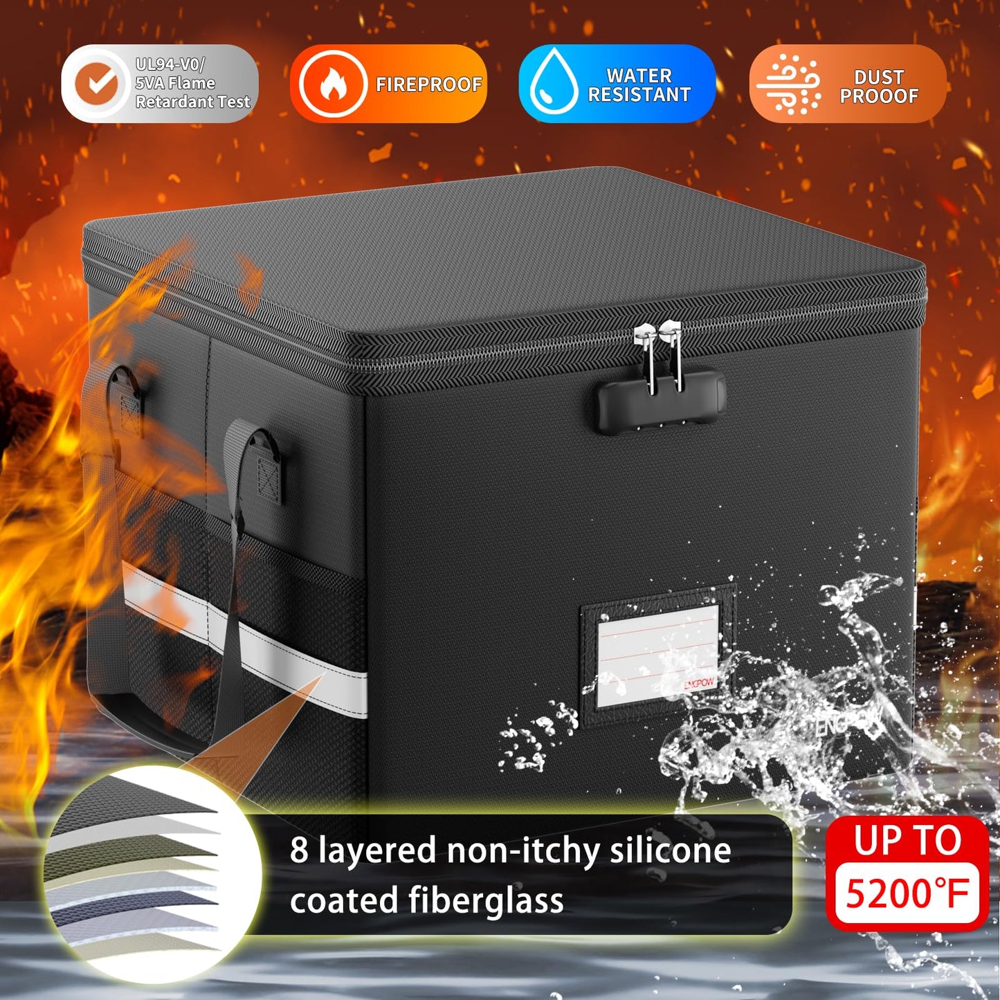 ENGPOW 5200°F Fireproof Document Box with Lock, Heat Insulated Collapsible File Storage Organizer with Handle, Portable Home Office File Cabinet for Hanging Letter/Legal Size Folder, Black
