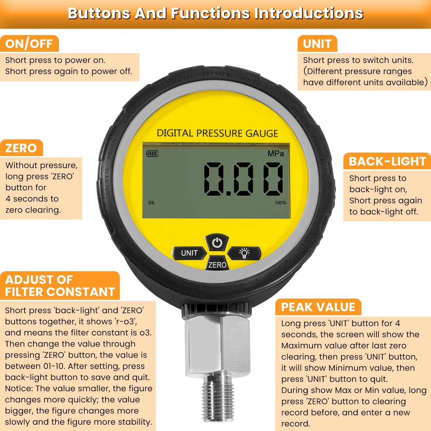 10000PSI Digital Hydraulic Pressure Test Coupling Kit Pressure Gauge Manometer Tester for USA Brand Excavator 1 Gauge 1 Hose 2 Couplings Black Silicone Protector 1/4 Inch NPT Connector 700BAR/70Mpa
