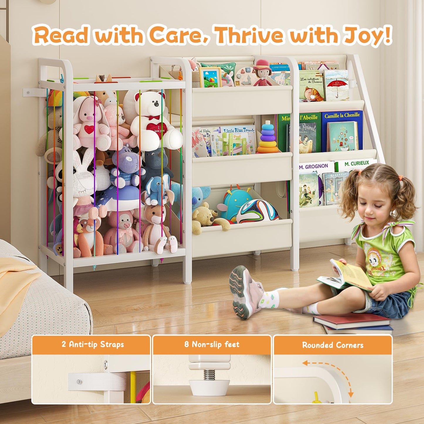 CYXPHION B2 Kids Bookshelf and Toy Storage, 3 Tier Book Shelf for Kids Rooms, Sling Toddler Bookshelf with Stuffed Animal Storage, Montessori Baby Bookcase for Nursery, Bedroom, Playroom, White