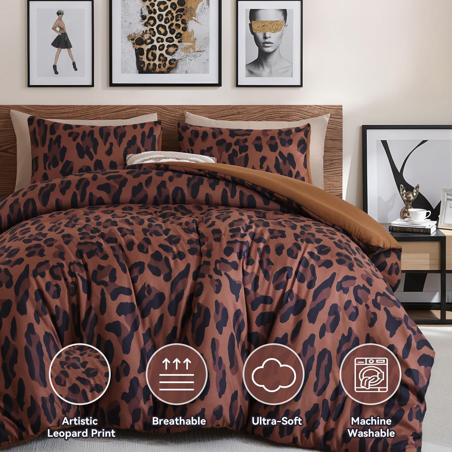 JANZAA Cheetah & Leopard Print Comforter Set Queen Size - 3 Pieces Animal Print Comforter Set, Fluffy Cozy Chic Faux Fur Brown/Pink Print Bedding Set with 2 Pillowcases for All Season
