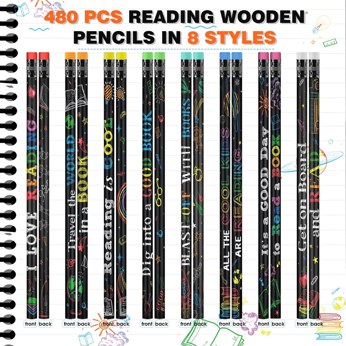 Pasimy 480 Pcs Reading Motivational Pencils Bulk Black Novelty Wooden Pencils with Eraser Classroom Inspirational Pen with Sayings for Kids Student Teacher School Reward Gifts Stationery Party