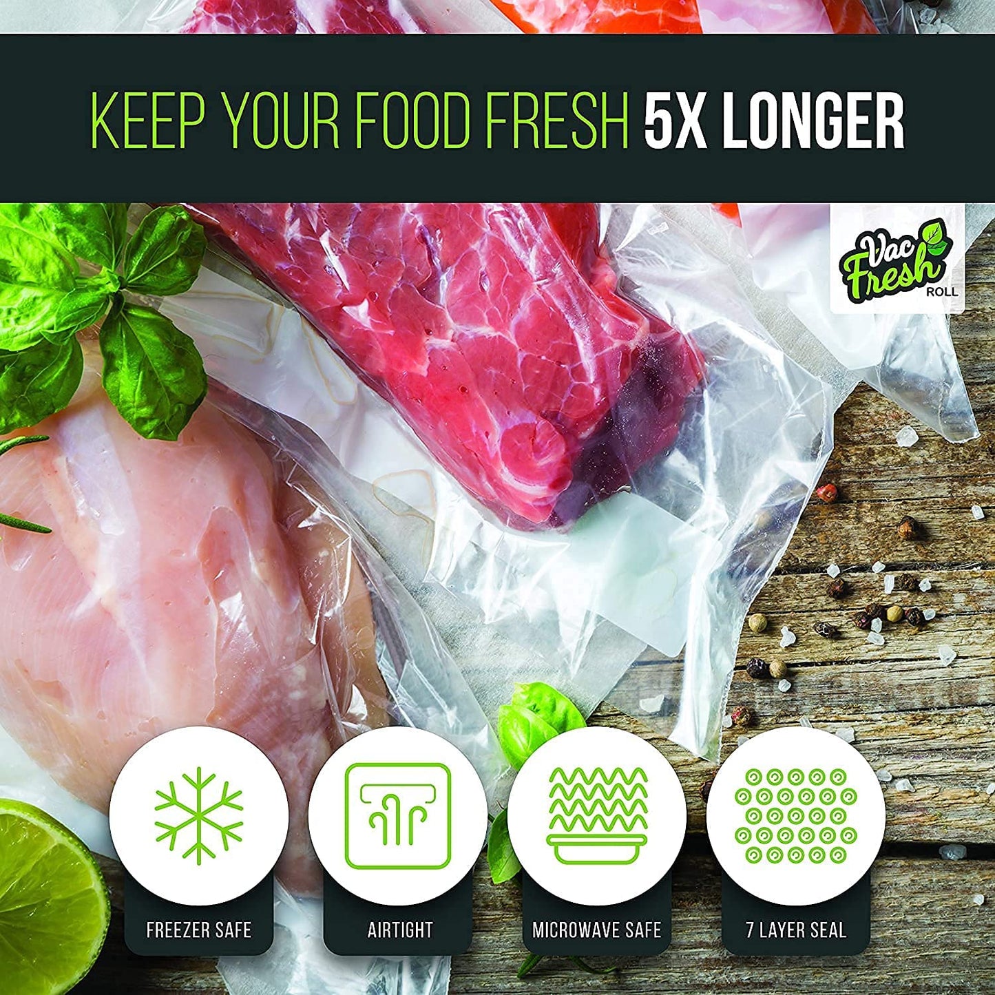 Vac Fresh 15x50 Vacuum Sealer Rolls, Large Vacuum Seal Bags 3.5 mil Thick, 15 inches Wide x 50 Feet Long, Vacuum Seal Bags Roll for Food Storing, Meal Prep, Sous Vide Cooking, Bulk Storage, 2 Rolls