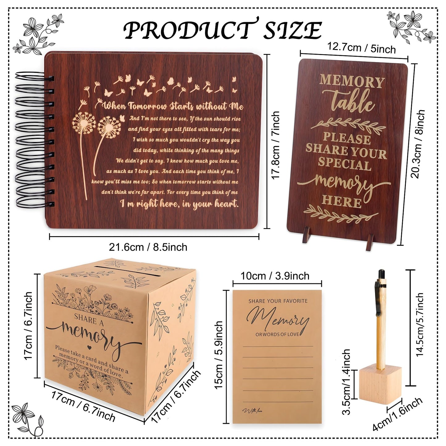PREKIAR Funeral Guest Book for Celebration of Life, Wooden Guest Sign in Books for Memorial Service, Guestbook Set with 50pcs Share a Memory Cards Box Table Sign and Pen (Brown- Guest Book Set #3)
