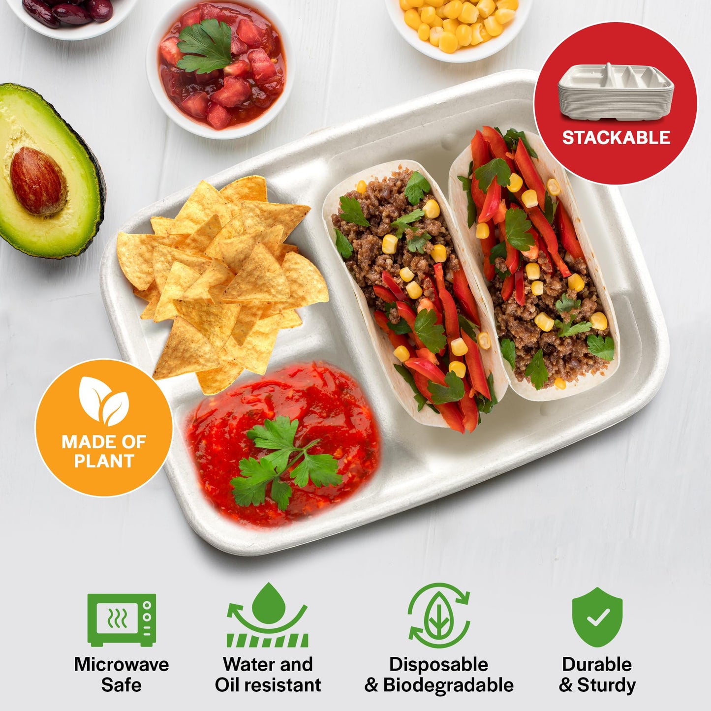 White Disposable Taco Plates for 2 Tacos & 2 Sides – 50 PACK | Premium Paper Plates with Dividers, Fiesta Taco Holder, Taco Stand for Taco Tuesday & Taco Bar Serving Set (White, 50 plates)