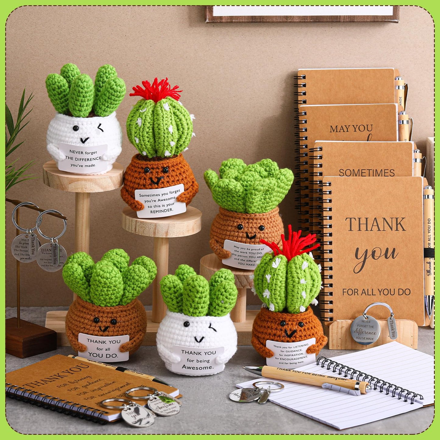 Wavwavw 6 Set Employee Appreciation Gifts Bulk, Gifts for Coworkers, Doll Crochet with Card Inspirational Journals with Retractable Bamboo Pens Thank You Keychains for Staff