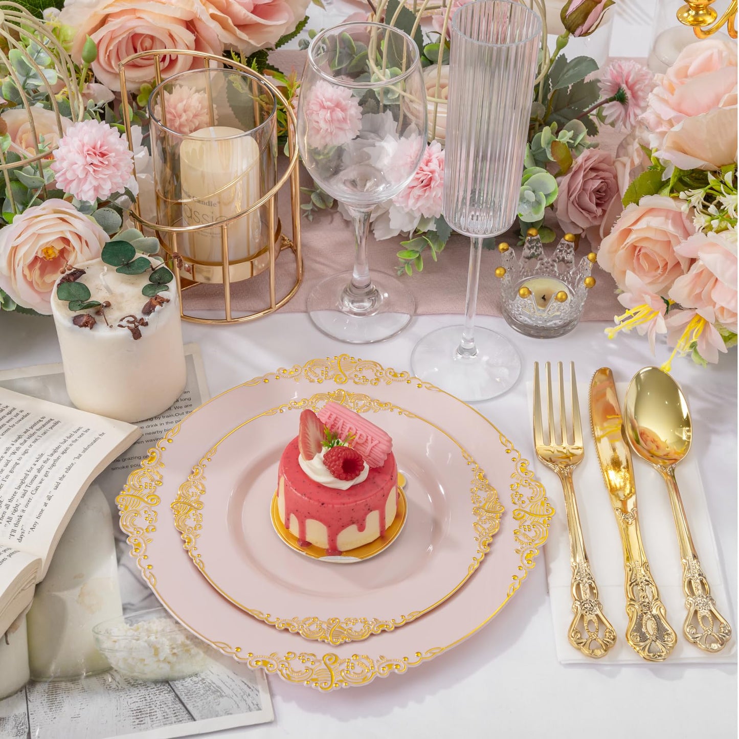 Joyido 200PCS Pink and Gold Plates - Pink Plastic Plate - Fancy Disposable Plates with Gold Rim - Vintage Wedding Dinner & Dessert Plate for 100 Guests for Wedding & Bridal Shower